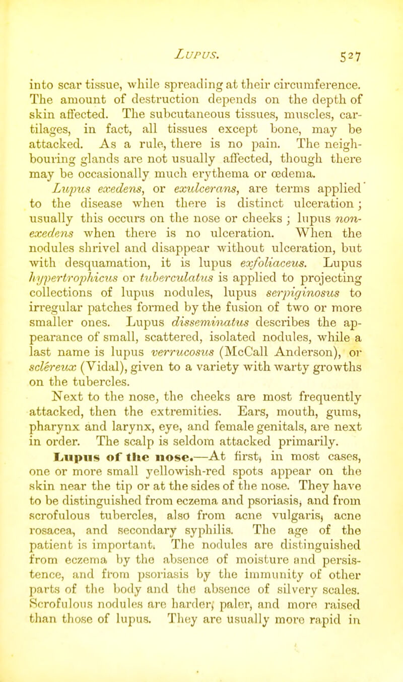 into scar tissue, while spreading at theii* circumference. The amount of destruction depends on the depth of skin aflected. The subcutaneous tissues, miiscles, car- tilages, in fact, all tissues except bone, may be attacked. As a rule, there is no pain. The neigh- bouring glands are not usually affected, though there may be occasionally much erythema or oedema. Lrifus exedens, or exulcei-ans, are terms applied to the disease when there is distinct ulceration; usually this occurs on the nose or cheeks ; lupus non- exedens when there is no ulceration. When the nodules shrivel and disappear without ulcei'ation, but ■with desquamation, it is lupus exfoliaceus. Lupus hypertrophicus or tiiherculatus is applied to projecting collections of lupus nodules, lupus serpiginosiis to irregular patches formed by the fusion of two or more smaller ones. Lupus disseminatus describes the ap- pearance of small, scattered, isolated nodules, while a last name is lupus verrucosus (McCall Anderson), or sclereiox (Vidal), given to a variety with warty growths on the tubercles. Next to the nose, the cheeks are most frequently attacked, then the exti'emities. Ears, mouth, gums, pharynx and larynx, eye, and female genitals, are next in order. The scalp is seldom attacked primarily. Liupus of tlie nose.—At first, in most cases, one or more small yellowish-red spots appear on the skin near the tip or at the sides of the nose. They have to be distinguished from eczema and psoriasisj and from scrofulous tubercles, also from acne vulgarisj acne rosacea, and secondary syphilis. The age of the patient is importanti The nodules are distinguished from eczema l)y the absence of moisture and persis- tence, and from psoriasis by the immunity of other parts of the body and the absence of silvery scales. .Scrofulous nodules are harder,' paler, and more raised than tho.se of lupus. They are usually more rapid in