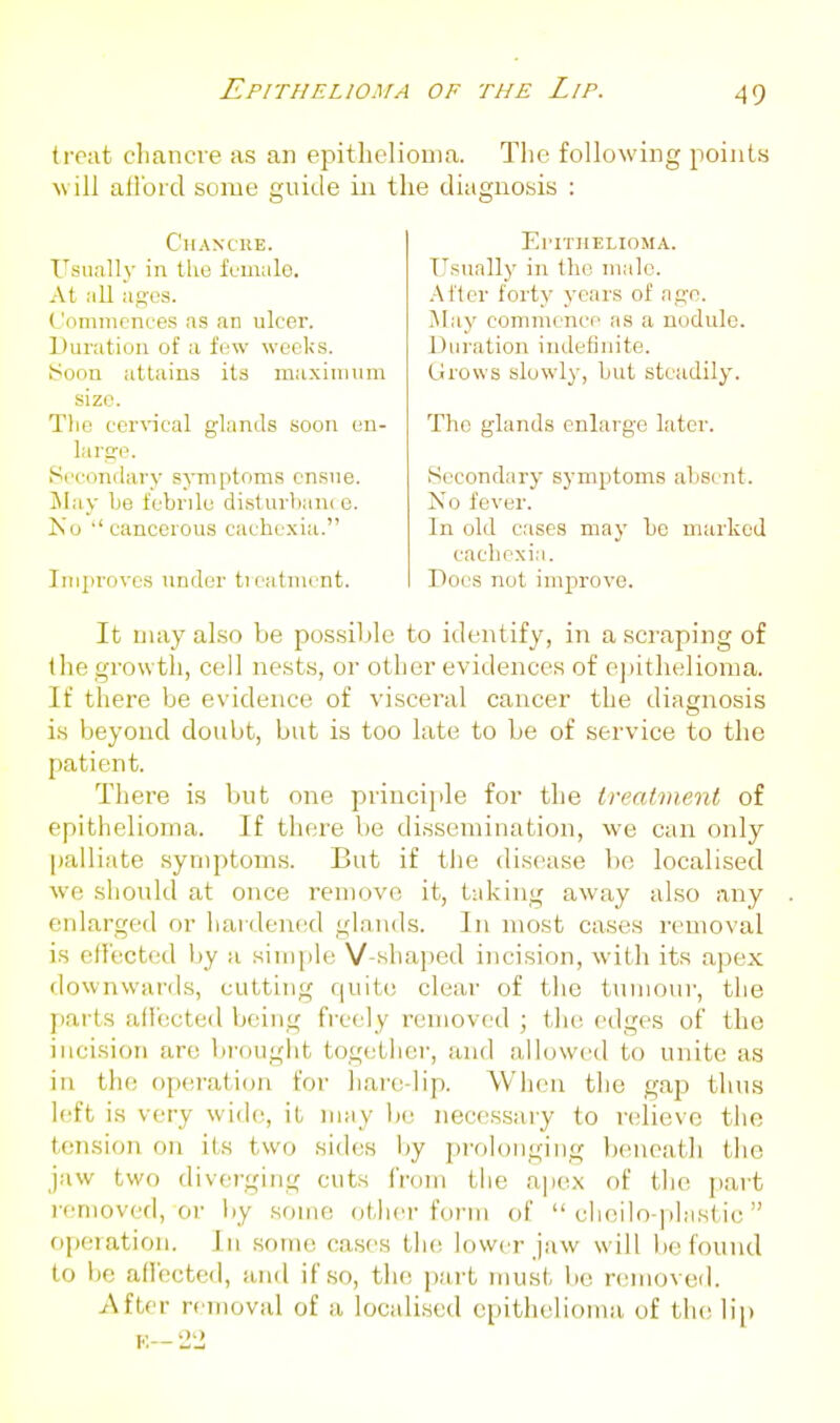 Epithelioma of the Lip. treat clianci^e as an epitlicliouia. Tlie following points will allbrd some guide iii the diagnosis : Chancre. XTsually in tlie IVmalo. At mII ag-os. t 'ommences as an ulcer. Duration of a few weeks. iSonn attains its maxiumm size. Tlie cer\'ical glands soon en- large. Secondary sjTnptoms ensue. jMay be febrile di.sturbani e. No cancerous cachexia. Improves under tieatnirnt. El'ITIIELIOMA. T^sually in the male. After forty years of ag-e. ]Ma3' commence as a nodule. Duration indefinite. Urows slowly, but steadily. The glands enlarge later. Secondary symptoms absent. No fever. In old cases may be marked cachexia. Does not improve. It may also be possible to identify, in a scraping of the growth, cell nests, or other evidences of ejHthelioma. If there be evidence of visceral cancer the diagnosis is beyond doubt, but is too late to be of service to the patient. There is but one principle for the treatment of epithelioma. If there be dissemination, we can only [talliate symptoms. But if the disease be localised we should at once remove it, taking away also any enlarged or hardened glands. In most cases removal is effected by a simple V-shaped incision, with its apex downwards, cutting quite clear of the tumour, the jiarts aU'ected being freely removed ; the edges of the incision are bi-ought together, and alhjwcd to unite as in the operation for hai'e-lip. When the gap thus left is very wide, it may be necessiuy to relieve the tension on its two sides \>y prolonging beneath the jaw two diverging cuts from the ape.x of the part i-emoved, or by some other form of  cheilo-plastic operation. In .some cases the lower jaw will be found to be affected, and if so, the part must bo removed After removal of a localised epithelioma of the lip t> Oi) rj