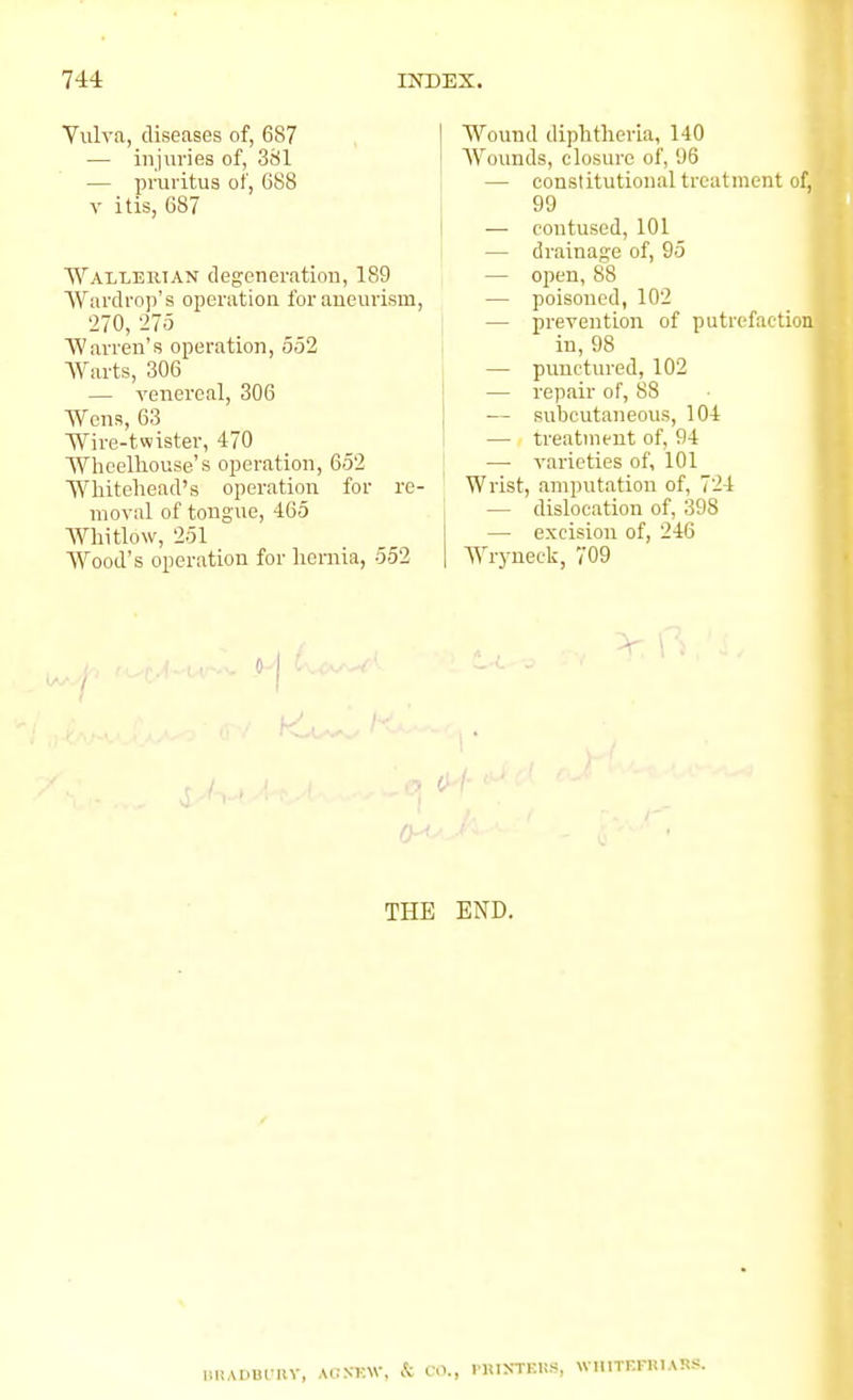 Vulva, diseases of, 687 — injuries of, 381 — pruritus of, G88 V itis, G87 Wallertan degeneration, 189 Wardrop's operation for aneurism, 270, 275 Warren's operation, 552 Warts, 306 — venereal, 306 Wens, 63 Wire-twister, 470 Whcelliouse's operation, 652 Wliitehead's operation for re- moval of tongue, 465 Whitlow, 251 Wood's operation for lieniia, 552 Wound diphtheria, 140 Wounds, closure of, 06 — constitutional treatment of, 99 — contused, 101 — drainage of, 95 — open, 88 — poisoned, 102 — prevention of putrefaction in, 98 — punctured, 102 — repair of, 88 — subcutaneous, 104 — treatment of, 94 — varieties of, 101 Wrist, amputation of, 724 — dislocation of, 398 — excision of, 246 Wryneck, 709 THE END. lillAI.uniV, AliNKW, & CO., PKINTEli-S, WIIITKKIUAR.-;.