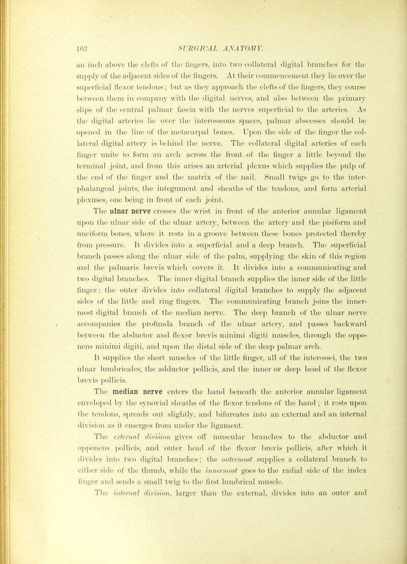 an inch above the clefts of the fingers, into two collatei'al digital branches for the supply of the adjacent sides of the fingers. At their commencement they lie over the superficial fiexor tendons ; but as they approach the clefts of the fingers, they course between them in company with the digital nerves, and also between the primary slips of the central palmar fascia with the nerves superficial to the arteries. As the digital arteries lie over the interosseous spaces, palmar abscesses should be opened in the line of the metacarpal bones. Upon the side of the finger the col- lateral digital artery is behind the nerve. The collateral digital arteries of each finger unite to form an arch across the front of the finger a little beyond the terminal joint, and from this arises an arterial plexus which supplies the pulp of the end of the finger and the matrix of the nail. Small twigs go to the inter- phalangeal joints, the integument and sheaths of the tendons, and form arterial plexu.ses, one being in front of each joint. The ulnar nerve crosses the wrist in front of the anterior annular ligament upon the ulnar side of the ulnar artery, between the artery and the pisiform and unciform bones, where it rests in a groove between these bones protected thereby from pressure. It divides into a superficial and a deep branch. The superficial branch passes along the ulnar side of the palm, supplying the skin of this region and the palmaris brevis which covers it. It divides into a communicating and two digital branches. The inner digital branch supplies tlie inner side of the little finger; the outer divides into collateral digital branches to supply the adjacent sides of the little and ring fingers. The communicating branch joins the inner- most digital branch of the median nerve. The deep branch of the ulnar nerve accompanies the profunda branch of the ulnar artery, and passes backward between the abductor and flexor brevis minimi digiti muscles, through the oppo- nens minimi digiti, and upon the distal side of the deep palmar arch. It supplies the short muscles of the little finger, all of the interossei, the two - ulnar lumbricales, the adductor pollicis, and the inner or deep head of the flexor brevis pollicis. The median nerve enters the hand beneath the anterior annular ligament enveloped by the synovial sheaths of the flexor tendons of the hand ; it rests upon the tendons, spreads out slightly, and bifurcates into an external and an internal division as it emerges from under the ligament. The external divikion gives off muscular branches to the abductor and opponens pollicis, and outer head of the flexor brevis pollicis, after which it divides into two digital branches; the outermost supplies a collateral branch to either side of the thumb, while the innermost goes to the radial side of the index finger and sends a small twig to the first lumbrical muscle. The internal division, larger than the external, divides into an outer and