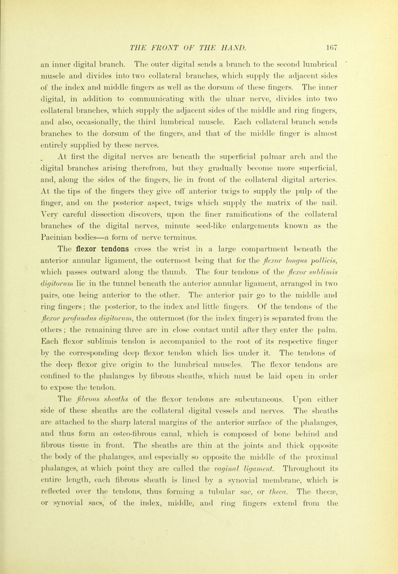 an inner digital branch. The outer digital sends a branch to the second lumbrieal muscle and divides into two collateral branches, Avhich sujiply the adjacent sides of the index and middle fingers as well as the dorsum of these fingers. The inner digital, in addition to communicating with the ulnar nerve, divides into two collateral branches, which supply the adjacent sides of the middle and ring fingers, and also, occasionally, the third lumbrieal muscle. Each collateral branch sends branches to the dorsum of the fingers, and that of the middle finger is almost entirely supplied by these nerves. At first the digital nerves are beneath the superficial palmar arch and the digital branches arising therefrom, but they gradually become more superficial, and, along the sides of the fingers, lie in front of the collateral digital arteries. At the tips of the fingers they give off anterior twigs to supply the pulp of the finger, and on the posterior aspect, twigs which sup})ly the matrix of the nail. Very careful dissection discovers, upon the finer ramifications of the collateral branches of the digital nerves, minute seed-like enlargements known as the Pacinian bodies—a form of nerve terminus. The flexor tendons cross the wrist in a large compartment beneath the anterior annular ligament, the outermost being that for the flexor longxis pollicis, which passes outward along the thuml). The four tendons of the flexor ifi(blimis digitorum lie in the tunnel beneath the anterior annular ligament, arranged in two pairs, one being anterior to the other. The anterior pair go to the middle and ring fingers; the posterior, to the index and little fingers. Of the tendons of the flexor jjrofundus digitorum, the outermost (for the index finger) is separated from the others ; the remaining three are in close contact until after they enter the palm. Each flexor sublimis tendon is accompanied to the root of its respective finger by the corresponding deep flexor tendon which lies under it. The tendons of the deep flexor give origin to tlie lumbrieal muscles. The flexor tendons are confined to the plialanges by fibrous sheaths, which must be laid open in order to expose the tendon. The fibrous sheaths of the flexor tendons are subcutaneous. Ujoon either side of these sheaths are the collateral digital vessels and nerves. The sheaths are attached to the sharp lateral margins of the anterior surface of the phalanges, and thus form an osteo-fibrous canal, which is composed of bone behind and fibrous tissue in front. The sheaths are thin • at the joints and thick opposite the body of the phalanges, and especially so opposite the middle of the proximal phalanges, at which point they are called the vaginal ligament. Throughout its entire length, each fibrous sheath is lined by a synovial membrane, which is reflected over the tendons, thus forming a tul)ular sac, or iheca. The thecoe, or synovial sacs, of the index, middle, and ring fingers extend from the