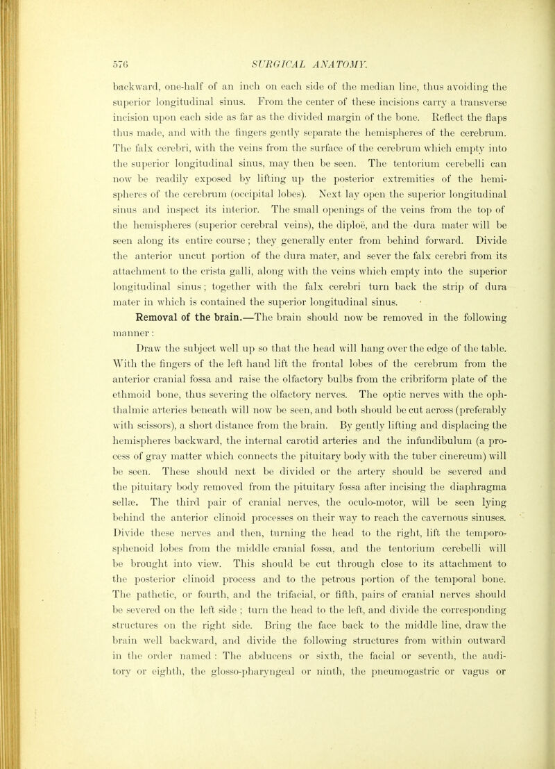 backward, one-half of an inch on each side of the median line, thus avoiding the superior longitudinal sinus. From the center of these incisions carry a transverse incision upon each side as far as the divided margin of the bone. Reflect the flaps thus made, and with the fingers gently separate the hemispheres of the cerebrum. The falx cerebri, with the veins from the surface of the cerebrum which empty into the superior longitudinal sinus, may then be seen. The tentorium cerebelli can now be readily exposed by lifting up the posterior extremities of the hemi- spheres of the cerebrum (occipital lobes). Next lay open the superior longitudinal sinus and inspect its interior. The small openings of the veins from the top of the hemispheres (superior cerebral veins), the diploe, and the dura mater will be seen along its entire course ; they generally enter from behind forward. Divide the anterior uncut portion of the dura mater, and sever the falx cerebri from its attachment to the crista galli, along with the veins which empty into the superior longitudinal sinus; together with the falx cerebri turn back the strip of dura mater in which is contained the superior longitudinal sinus. Removal of the brain.—The brain should now be removed in the following manner: Draw the subject well up so that the head will hang over the edge of the table. With the fingers of the left hand lift the frontal lobes of the cerebrum from the anterior cranial fossa and raise the olfactory bulbs from the cribriform plate of the ethmoid bone, thus severing the olfactory nerves. The optic nerves with the oph- thalmic arteries beneath will now be seen, and both should be cut across (preferably with scissors), a short distance from the brain. By gently lifting and displacing the hemispheres backward, the internal carotid arteries and the infundibulum (a pro- cess of gray matter which connects the pituitary body with the tuber cinereum) will be seen. These should next be divided or the artery should be severed and the pituitary body removed from the pituitary fossa after incising the diaphragma sellte. The third pair of cranial nerves, the oculo-motor, will be seen lying behind the anterior clinoid processes on their way to reach the cavernous sinuses. Divide these nerves and then, turning tlie head to the right, lift the temporo- splienoid lobes from the middle cranial fossa, and the tentorium cerebelli will be brought into view. This should be cut through close to its attachment to the posterior clinoid process and to the petrous portion of the temporal bone. The pathetic, or fourth, and the trifacial, or fifth, pairs of cranial nerves should be severed on the left side ; turn the head to the left, and divide the corresponding structures on the right side. Bring the face back to the middle line, draw the 1)rain well backward, and divide the following stiaictures from witliin outward in the order named : The abducens or sixth, the facial or seventh, the audi- tory or eighth, the glosso-pharyngeal or ninth, the pneumogastric or vagus or