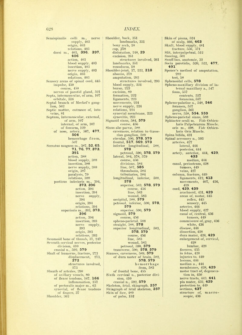 Semispiualis colli in., nerve ! supply, 403 i origin, 403 relations, 403 dorsi m., 403, 396, 397, 406 action, 403 blood supply, 403 insertion, 403 nerve supply, 403 origin, 403 relations, 403 Sensory areas of spinal cord, 445 impulse, 450 course, 450 nerves of parotid gland, 521 Septa, intermuscular, of arm, 107 orbitale, 516 Septal branch of Meckel's gang- lion, 562 Septic matter, entrance of, into veins, 81 Septum, intermuscular, external, of arm, 107 internal, of arm, 107 of forearm, 129 of nose, artery, 507, 47 7, 504 hemorrhage fro m, 507 Serratus niagnus m., 387, 52, 65, 71, 76, 77, 373, 391 action, 388 blood supply, 388 insertion, 388 nerve supply, 388 origin, 387 paralysis, 79 relations, 388 posticus inferioris m., 394, 373, 396 action, 394 insertion, 394 nerve supply, 394 origin, 394 relations, 394 superioris m., 393, 37 3, 396 action, 394 insertion, 393 nerve supi^ly, 393 origin, 393 relations, 393 Sesamoid bone of thumb, 37, 247 Seventh cervical nerves, posterior division, 410 cranial n., 592, 579 Shaft of humerus, fracture, 273 displacement, 273, 272 structures involved, 273 Sheath of arteries, 298 of axillary vessels, 80 of flexor tendons, 167, 166 inflammation, 157 of pectoralis major m., 63 synovial, of flexor tendons of fingers, 37 Shoulder, 362 Shoulder, back, 351 landmarks, 351 bony arch, 18 cap, 378 dislocation, 248, 29 excision, 261 structures involved, 261 landmarks, 351 roundness, 18 Shoulder-joint, 17, 222, 218 abscess, 379 amputation, 293 structures involved, 293 blood supply, 224 bursa}, 223 excision, 89 formation, 222 ligaments, 223 movements, 224 nerve supply, 224 relations, 224 synovial membrane, 223 synovitis, 223 Sigmoid sinus, 584, 579 course, 456 Sinus alse parvae, 588 cavernous, relation to Gasse- rian ganglion. 589 circular, 590, 57 8, 57 9 frontal, 517, 569, 573 inferior longitudinal, 588, 578 petrosal, 590, 578, 579 lateral, 584, 578, 579 course, 456 divisions, 584 line, 587, 585 thrombosis, 584 tributaries, 584 longitudinal, inferior, 588, 578 superior, 583. 578, 579 course, 456 line, 583 wound, 583 occipital, 588, 579 petrosal, inferior, 590, 578, 579 superior. 590, 579 sigmoid, 579 course, 456 spheno-parietal, 588 straight, .588, 57 8 superior longitudinal, 583, 578, 579 course, 456 line, 583 wound, 583 petrosal, 590, 579 transverse, 590, 578, 579 Sinuses, cavernous, 589, 579 of dura mater of brain, 582, 578, 579 hemorrhage from, 583 of frontal bone, 455 Sixth cervical n., posterior divi- sion, 410 cranial n., 592, 579 Skeleton, fetal, skiagraph, 257 Skiagraph of fetal skeleton, 257 Skin of face, 489 of palm, 152 Skin of pinna, 524 of scalp, 466, 463 Skull, blood supply, 481 fracture, 550, 571 Slit, interpalpebral, 512 Snoring, 501 Snuff-box, anatomic, 32 Socia parotidis, 520, 522, 47 7, 491 Spence's method of amputation, 282 test, 58 Sphenoidal cells, 578 Spheno-maxillary division of in- ternal maxillary a., 547 fossa, 557 contents, 557 forannna, 657 Spheno-palatine a., 548, 546 foramen, 557 ganglion, 561 nerve, 558, 554, 559 Spheno-parietal sinus, 588 Sphincter oculi m. Vide Orbicu- laris Palpebrarum Muscle, oris m., 498. Vide Orbicu- laris Oris Muscle. Spina bifida, 431 Spinal accessory n., 593 arteries, 427 lateral, 444 posterior, 444 artery, anterior, 444, 42 9, 433 median, 444 canal, perio.steum, 428 tumors, 449 veins, 427 column, fracture, 449 ligaments, 412, 413 movements, 407, 416, 419 cord, 429, 439 arachnoid, 431, 429 areas of, motor, 445 reflex, 445 sensory, 445 arteries, 444 blood supply, 427 canal of, central, 436 tumors, 449 commissure of, gray, 436 white, 436 disease, 446 dissection, 428 dura mater, 428, 429 enlargement of, cervical, 428 lumbar, 428 fissures, 435 in fetus, 428 injuries to. 449 lesions, 446 median a., 444 membranes, 428, 429 motor tract of, degenera- tion in, 450 nerve tracts, 443. 441 pia mater, 432, 429 protection to, 449 sections, 437 structure of, macro- scopic, 436