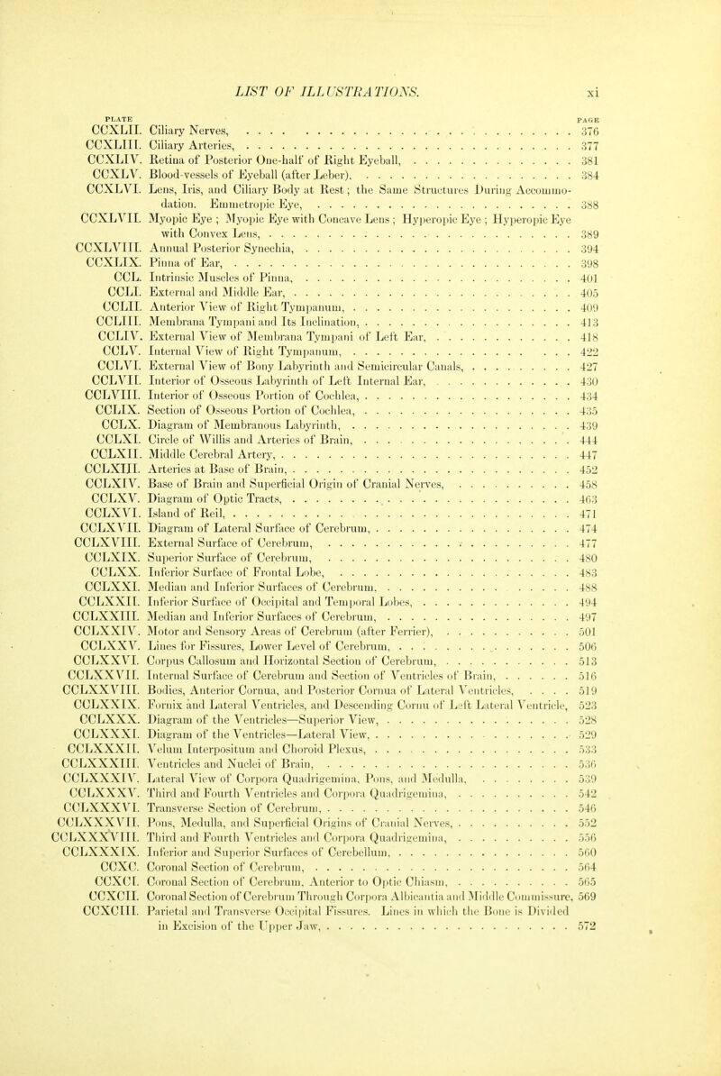 PLATE PAGE CCXLII. Ciliary Nerves, . . ■. 376 CCXLIII. Ciliary Arteries, 377 CCXLIV. Ketiaa of Posterior Oue-half of Kight Eyeball, 381 CCXLV. Blood-vessels of Eyeball (after Leber) 384 CCXLVI. Lens, Lis, and Ciliary Body at Kest; the Same Structures Luring Aecumuio- dation. Emmetropic Eye, 388 CCXLVIL Myopic Eye ; Slj'opic Eye with Concave Lens ; Hyperopic Eye ; Hyperopic Eye with Convex Lens, 389 CCXLVIIL Animal Posterior Synechia, 394 CCXLIX. Pinna of Ear, 398 CCL. Intrinsic Muscles of Pinna, 401 CCLI. External and Middle Ear, 405 CCLIL Anterior View of Right Tymi»anum, 409 CCLIIL Membrana Tympani and Its Inclination, 413 CCLIV. External View of Membrana Tympani of Left Ear 418 CCLV. Internal View of Right Tympanum, 422 CCLVI. External View of Bony Labyrinth and Semicircular Canals, 427 CCLVII. Interior of Osseous Labyrinth of Left Internal Ear, 430 CCLVIII. Interior of Osseous Portion of Cochlea, 434 CCLIX. Section of Osseous Portion of Cochlea, 435 CCLX. Diagram of Membranous Labyrinth, 439 CCLXI. Circle of Willis and Arteries of Brain 444 CCLXII. Middle Cerebral Artery 447 CCLXIII. Arteries at Base of Brain, 452 CCLXIV. Base of Brain and Superficial Origin of Cranial Nerves, 458 CCLXV. Diagram of Optic Tracts, . . . 463 CCLXVI. Island of Reil, 471 CCLXVII. Diagram of Lateral Surface of Cerebrum, 474 CCLXVIII. External Surface of Cerebrum, 477 CCLXIX. Superior Surface of Cerebrum, 480 CCLXX. Inferior Surface of Frontal Lobe 483 CCLXXI. Median and Inferior Surfaces of Cerebrum 488 CCLXXIl. Inferior Surface of Occipital and TemiKiral Lubes, 494 CCLXXIII. Median and Inferior Surfaces of Cerebrum, 497 CCLXXIV. Motor and Sensory Areas of Cerebrum (after Terrier), 501 CCLXXV. Lines for Fissures, Lower Level of Cerebrum 506 CCLXXVI. Corpus Callosum and Horizontal Section of Cerebrum, 513 CCLXXVII. Internal Surface of Cerebrum and Section of Ventricles of Brain, 516 CCLXXVIII. Bodies, Anterior Cornua, and Posterior Cornua of Lateral Ventricles, .... 519 CCLXXIX. Fornix and Lateral Ventricles, and Descending Cornu of Left Lateral A'entricle, 523 CCLXXX. Diagram of the Ventricles—Superior View, 528 CCLXXXI. Diagram of the Ventricles—Lateral View 529 CCLXXXII. Velum Interpositum and Choroid Plexus, 533 CCLXXXIII. Ventricles and Nuclei of Brain, 536) CCLXXXIV. Lateral View of Corpora Quadrigemina, Pons, ;ind 3Ie(lulla, 539 CCLXXXV. Third and Fourth Ventricles and Corjjora QnadrigemiiiM, 542 CCLXXXVI. Transverse Section of Cerebrum, ' 546 CCLXXXVII. Pons, Medulla, and Superficial Origins of Cranial Nerves 552 CCLXXXVIII. Third and Fourth Ventricles and Corpora Quadrigemina, 55G CCLXXXIX. Inferior and Superior Surfaces of Cerebellum, 560 CCXC. Coronal Section of Cerebrum, 564 CCXCr. Coronal Section of Cerebrum, Anterior U) Ojitic Chiasm, 565 CCXCII. Coronal Section of Cerebiuni Through Corpora Albicantia and Middle Commissure, 569 CCXCIII. Parietal and Transverse Occipital Fissures. Lines in which the Bone is Divi<led in Excision of the Upper Jaw, . . • 572 \