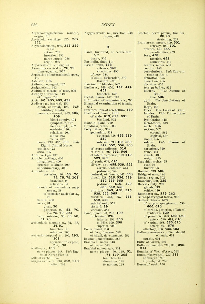 Aryteno-epiglottideaa muscle, origin, 261 Arytenoid cartilage, 275, 2 67, 271 Aryteuoideus in., 256, 2 58, 2 59, 263 action, 261 insertion, 256 nerve supply, 256 origin, 256 Ary-vocalis of Ludwig, 261 Ascending cervical a., 78, 79 pharyngeal a., 105 Aspiration of subarachnoid space, 442 Asterion, 506 Asthma, laryngeal, 262 Astigmatism, 363 Atrium of meatus of nose, 299 Atrophy of testicle, 648 of tongue, 220 Attic, 407, 405, 409, 42 2 Auditory a., internal, 450 canal, external, 403. Vide Auditory Meatus. meatus, external, 403, 405, 409 blood supply, 404 lymphatics, 407 nerve supply, 407 occlusion, 404 relations, 404 sinus, 403 veins, 407 nerve, 438, 465, 539. Vide Eighth Cranial Nerve, ossicles, 423 strise, 547 Aural vertigo, 437 Auricle, cartilage, 400 integument, 400 muscles, intrinsic, 400 supernumerary, 400 . Auricular a., 95 posterior, 96. ' 50, 70, 71, 78, 79, 203 branches, 96 relations, 96 branch of auricularis mag- nus n., 28 of posterior auricular a., 96 fistulte, 400 nerve, 81 great, 30 posterior, 97, 51, 70, 71, 78, 79, 203 vein, posterior, 96, 35, 50, 51, 70 Auricularis magnus n., 32, 38, 34, 51 hrauches, 38 relations, 206 Auriculo-temporal n., 205, 193, 303 operation to expose, 205, 193 Axillary a., 133 nerve i)lexus, 148. Fu/eBra- cliial Nerve Plexus. Axis of eyeball, 357 Azygos uvulae m., 246, 2 42, 2 43 action, 246 Azygos uvulae m., insertion, 246 origin, 246 B. Band, furrov\'ed, of cerebellum, 562 horny, 526 Bartholin, duct, 114 Base of brain, 458 arteries, 452 structures, 456 of nose, 284 of skull, dislocation, 579 fracture, 585 Bas-fond of bladder, 592 Basilar a., 449, 450, 137 , 444, 452 branches, 450 Bichat, fissure, 467, 532 Bifurcation of innominate a., 70 Bimanual examination of female, 662 Biventral lobe of cerebellum, 560 Bladder of female, 660 of male, 619, 623, 631 bas-fond, 592 Blandin, gland, 219 Blindness, word-, 503 Body, ciliary, 368 geniculate, 538 external, 538, 463, 539, 552, internal, 538, 463, 53 9, 542, 552, 556, 560 of corpus callosnm, 516 of fornix, 522, 533, 546 of lateral ventricle, 518, 519, 529, 569 of penis, 627, 626 olivary, 554, 4 58, 53 9, 5 52 corpus dentatum, 554 peduncle, 554 perineal, of female, 661, 660 pineal, 538, 516, 53 6, 539, 542, 556, 560 peduncle, 516, 529, 536, 542, 556 pituitary, 343, 458, 516, 539, 552, 565 restiform, 554, 557, 536, 542, 556 subthalamic, 553 thyroid, 39 vitreous, 385 Bone, hyoid, 23, 281, 109 turbinated, 296 inferior, 299, 350 middle, 299, 350 superior, 299 Bones, nasal, 286 of face, fracture, 586 of skull, development, 584 Bowman, mem))raue, 363 Brachia of nates, 543 of testes, 543 Brachial monoplegia, 504 nerve plexus. 60, 148, 51, 71, 149, 208 liranclies, 148 dissection, 148 formation, 148 Brachial nerve plexus, line for, 20, 67 stretching, 209 Brain areas, motor, 499, 501 sensory, 499, 501 arteries, 445, 444 peculiarities, 453 base, 458 arteries, 452 structures, 456 centers, motor, 500 contour, 456 convolutions. Vide Convolu- tions of Brain. definition, 455 dissection, 455 divisions, 455 foreign bodies, 511 fissures. Vide Fissure of Brain, line, 506 gyri. Vide Convolutions of Brain. large, 455 lobes. Vide Lobes of Brain, lobules. Vide Convolutions of Brain. Ij'mphatics, 445 membranes, 438 nuclei, 536 section, 567 coronal, 567 sagittal, 567 small, 455 sulcus. Vide Fissure of Brain, variations, 510 veins, 454 vessels, 438 weight, 455 Branchial arches, 25 cyst, 26 furrow, 26 Bregma, 573. 506 Bridge of nose, 284 Broca's region, 503 Bronchus, left, 129 Buccal cavity, 209 glands, 213 orifice, 210 Buccinator m., 229, 242 Bucco-pharyngeal fascia, 213 Bulb of clitoris, 674 of corpus spongiosum, 590, 606, 610 of cornua, posterior, of lateral ventricles. 529 of penis, 553, 627, 623, 626 artery, 590, 614, 610 of vagina, 668, 66 5, 67 0 artery, 667, 670 olfactory, 456, 458, 483 Bulbo-cavernosusa., of female,667 of male, 614 muscle, 604 Bulbs of fornix, 460 Bulla ethnioidalis, 299, 315, 298, 314 Bundles of Vicq d'Azyr, 522 Bursa, pharyngeal, 232, 233 sublingual, 216 thyro hyoid, 255 Bursse of neck, 156