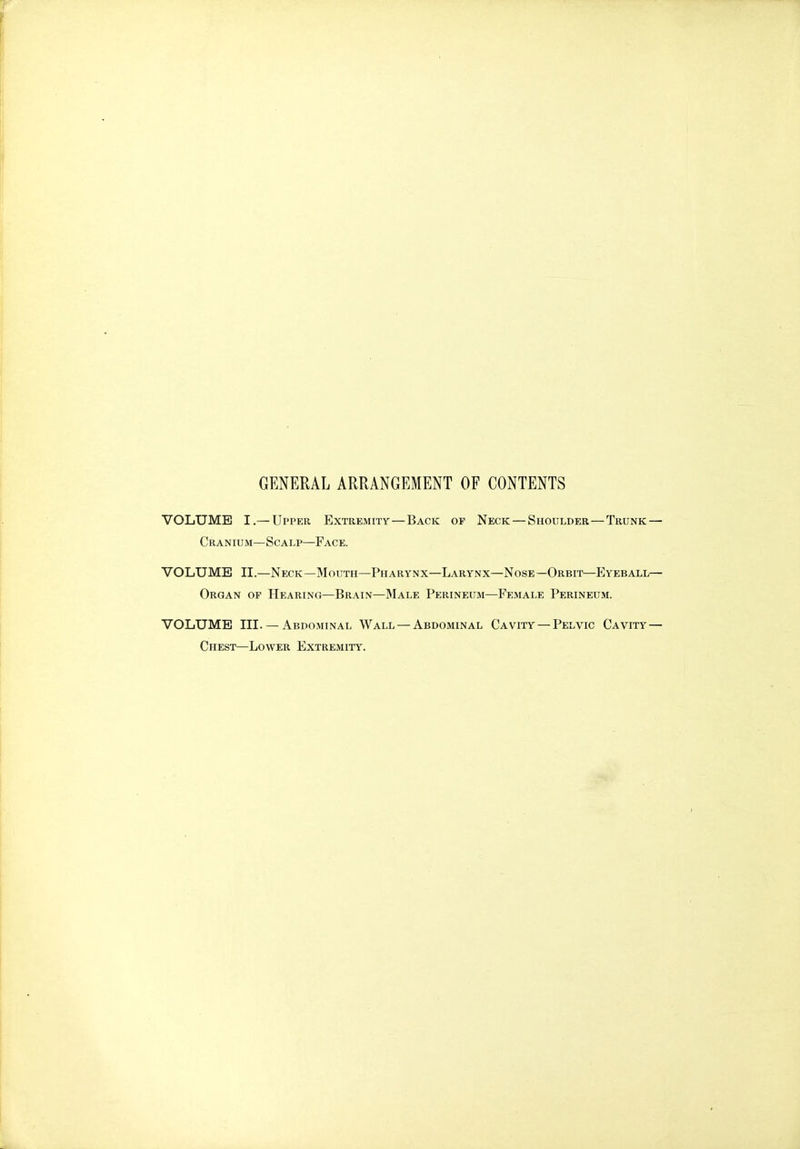 GENERAL ARRANGEMENT OF CONTENTS VOLUME I.— Upper Extremity—Back of Neck — Shoulder—Trunk — Cranium—Scalp—Face. VOLUME II.—Neck—Mouth—Pharynx—Larynx—Nose—Orbit—Eyeball— Organ of Hearing—Brain—Male Perineum—Female Perineum. VOLUME III. — Abdominal Wall — Abdominal Cavity — Pelvic Cavity — Chest—Lower Extremity.