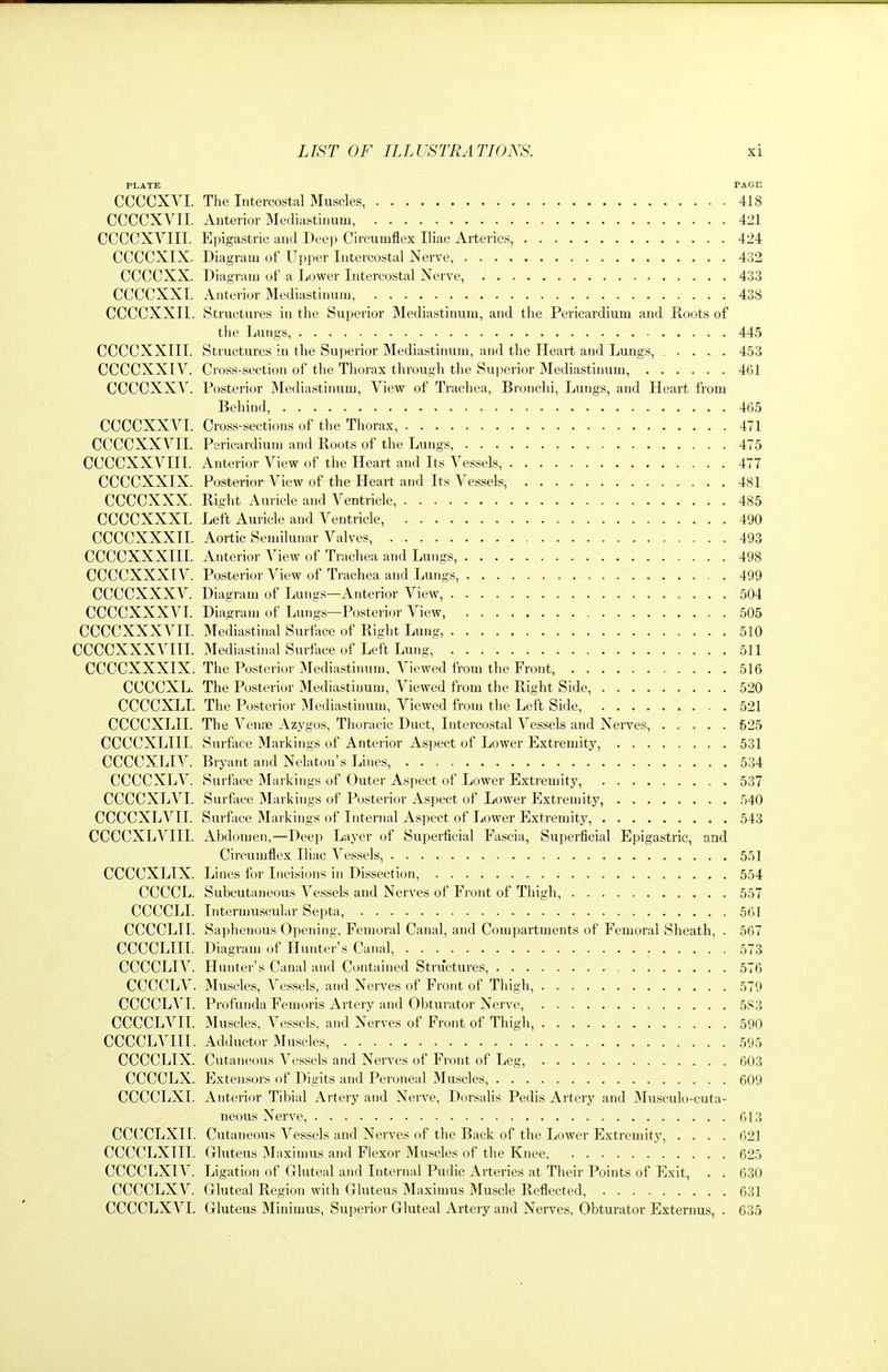 PLATE PAGn CCCCXVI. The Intercostal Muscles, 418 CCCCXVII. Anterior Mediastinum, 421 CCCeXVIII. Epigastric and Deep Circumflex Iliac Arteries, 424 CCCCXIX. Diagram of Upper Intercostal Nerve, 432 CCCGXX. Diagram of a Lower Intercostal Nerve, 433 CCCCXXT. Anterior Mediastinum 438 CCCCXXII. Structures in the Superior Mediastinum, and the Pericardium and Roots of the Lungs, 445 CCCCXXIII. Structures in the Superior Mediastinum, and the Heart and Lungs, ..... 453 CCCCXXIV. Cioss-section of the Thorax through the Sujierior Mediastinum, 461 CCCCXXV. Posterior Mediastinum, View of Trachea, Bronchi, Lungs, and Heart from Behind, 465 CCCCXXVI. Cross-sections of the Thorax, 471 CCCCXXVII. Pericardium and Roots of the Lungs, 475 CCCCXXVIII. Anterior View of the Heart and Its Vessels, 477 CCCCXXIX. Posterior View of the Heart and Its Vessels, 481 CCCCXXX. Right Auricle and Ventricle, 485 CCCCXXXI. Left Auricle and Ventricle, 490 CCCCXXXIL Aortic Semilunar Valves, 493 CCCCXXXIII. Anterior View of Trachea and Lungs, 498 CCCCXXXIV. Posterior View of Ti-achea and Lungs, 499 CCCCXXXV. Diagram of Lungs—Anterior View, 504 CCCCXXXVt. Diagram of Lungs—Posterior View, 505 CCCCXXXVII. Mediastinal Surface of Riglit Lung, 510 CCCCXXXVIII. Mediastinal Surface of Left Lung, 511 CCCCXXXIX. The Posterior Mediastinum, Viewed from the Front, 516 CCCCXL. The Posterior Mediastinum, Viewed from the Right Side, 520 CCCCXLI. The Posterior Mediastinum, Viewed from the Left Side, 521 CCCCXLII. The Venae Azygos, Thoracic Duct, Intercostal Vessels and Nerves, . , , . . 625 CCCCXLIII. Surface Markings of Anterior Aspect of Lower Extremity, ........ 531 CCCCXLtV. Bryant and Nelaton's Lines, 534 CCCCXLV. Surflice Markings of Outer Aspect of Lower Extremity, . 537 CCCCXLVI. Surface Markings of Posterior Aspect of Lower Extremity, 540 CCCCXLVII. Surface Markings of Internal Aspect of Lower Extremity, 543 CCCCXLVIII. Abdomen,—Deep Layer of Superficial Fascia, Superficial Epigastric, and Circumflex Iliac Vessels, 551 CCCCXLIX. Lines for Incisions in Dissection, 554 CCCCL. Subcutancdus Vessels and Nerves of Front of Thigh, 557 CCCCLI. Intermuscular Septa, 561 CCCCLII. Saphenous Opening, Femoral Canal, and Compartments of Femoral Sheath, . 567 CCCCLIII. Diagram of Hunter's Canal, 573 CCCCLIV. Hunter's Canal and Contained Structures, 576 CCCCLV. Muscles, Vessels, and Nerves of Front of Thigh, 579 CCCCL^N^I. Profunda Femoi'is Artery and Obturator Nerve, 583 CCCCLVII. Muscles, Vessels, and Nerves of Front of Thigh, 590 CCCCLVIII. Adductor Muscles, 595 CCCCLIX. Cutaneous Vessels and Nerves of Front of Leg, 603 CCCCLX. Extensors of Digits and Peroneal Muscles, 609 CCCCLXI. Anterior Tibial Artery and Nerve, Dorsalis Pedis Artery and Musculo-cuta- neous Nerve, 613 CC('CLXII. Cutaneous A^essels and Nerves of the Back of the Lower Extremity, .... 621 CCCCLX HI. Gluteus Maximus and Flexor Muscles of the Knee 625 CCCCLXIV. Ligation of Gluteal and Internal Pudic Arteries at Their Points of Exit, . . 630 CCCCLXV. Gluteal Region with Gluteus Maximus Muscle Reflected, 631 CCCCLXVI. Gluteus Minimus, Superior Gluteal Artery and Nerves, Obturator Externus, . 635