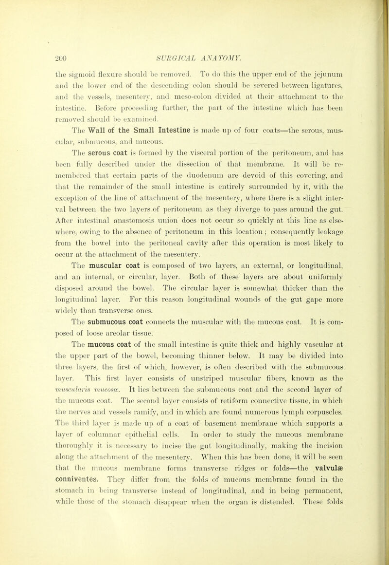 the sigmoid flexure should be removed. To do this the upper end of the jejunum and the lower end o-f the descending colon should be severed between ligatures, and the vessels, mesentery, and meso-colon divided at their attachment to the intestine. Before proceeding further, the part of the intestine which has been removed should be examined. The Wall of the Small Intestine is made up of four coats—the serous, mus- cular, submucous, and mucous. The serous coat is formed by the visceral portion of the peritoneum, and has been fully described under the dissection of that membrane. It will be re- membered that certain parts of the duodenum are devoid of this covering, and that the remainder of the small intestine is entirely surrounded by it, with the exception of the line of attachment of the mesentery, where there is a slight inter- val between the two layers of peritoneum as the}' diverge to pass around the gut. After intestinal anastomosis union does not occur so quickly at this line as else- where, owing to the absence of peritoneum in this location ; consequently leakage from the bowel into the peritoneal cavity after this operation is most likely to occur at the attachment of the mesentery. The muscular coat is composed of two layers, an external, or longitudinal, and an internal, or circular, layer. Both of these layers are about uniformly disposed around the bowel. The circular layer is somewhat thicker than the longitudinal layer. For this reason longitudinal wounds of the gut gape more widel}' than transverse ones. The submucous coat connects the muscular with the mucous coat. It is com- posed of loose areolar tissue. The mucous coat of the small intestine is quite thick and highly vascular at the upper part of the bowel, becoming thinner below. It may be divided into three layers, the first of which, however, is often described with the submucous layer. This first layer consists of unstriped muscular fibers, known as the muscularis mucosse. It lies between the submucous coat and the second layer of the mucous coat. The second layer consists of retiform connective tissue, in which the nerves and vessels ramif}', and in which are found numerous lym})li corpuscles. The third layer is made up of a coat of basement membrane which supports a layer of columnar epithelial cells. In order to study the mucous membrane thoroughly it is necessary to incise the gut longitudinally, making the incision along the attachment of the mesentery. When this has been done, it will be seen that the mucous membrane forms transverse ridges or folds—the valvulae conniventes. They differ from the folds of mucous membrane found in the stomach in being transverse instead of longitudinal, and in being permanent, while those of the stomach disappear when the organ is distended. These folds