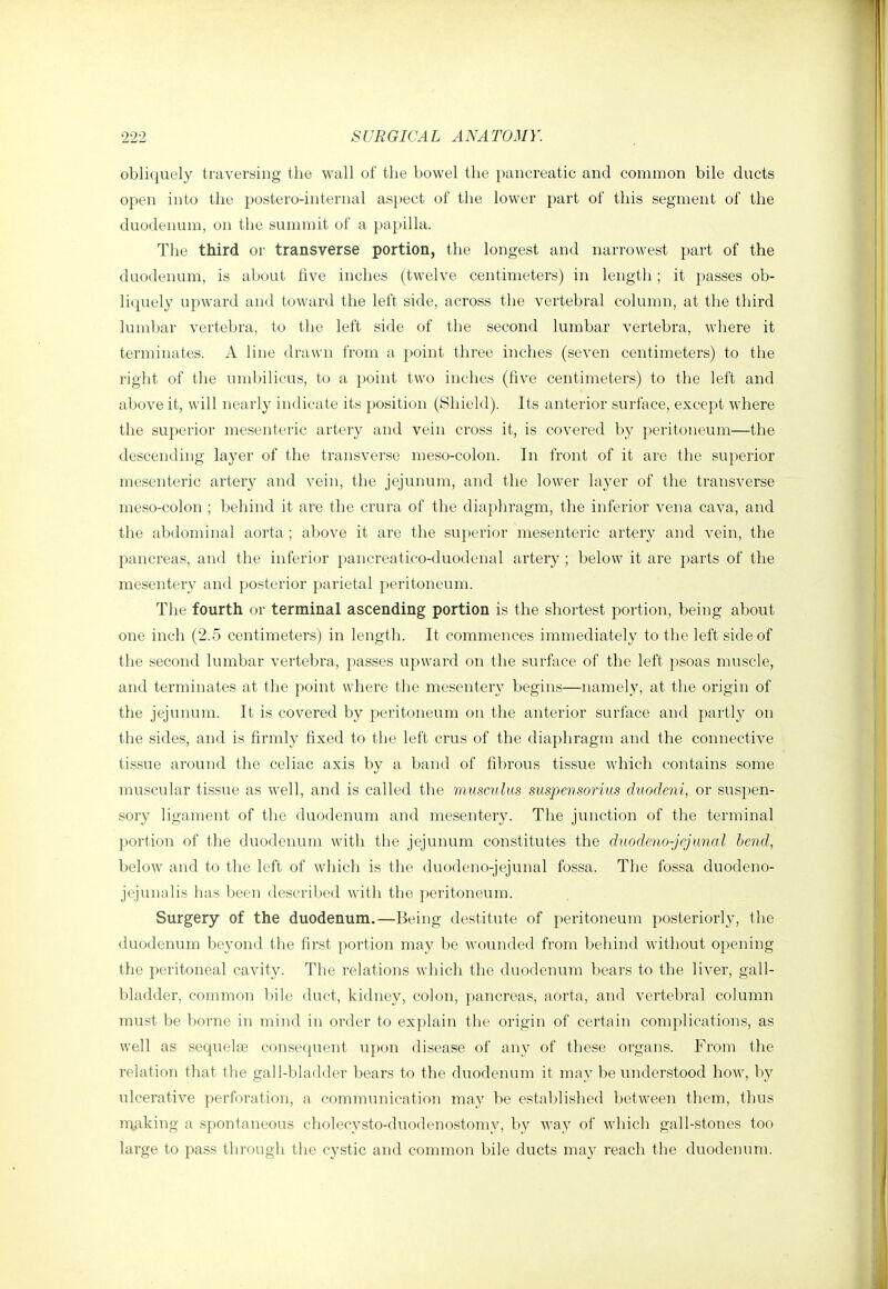 obliquely traversing the wall of the bowel the pancreatic and common bile ducts open into the postero-internal aspect of the lower part of this segment of the duodenum, on the summit of a papilla. The third or transverse portion, the longest and narrowest part of the duodenum, is about five inches (twelve centimeters) in length; it passes ob- liquely upward and toward the left side, across the vertebral column, at the third lumbar vertebra, to the left side of the second lumbar vertebra, where it terminates. A line drawn from a point three inches (seven centimeters) to the right of the umbilicus, to a point two inches (five centimeters) to the left and above it, will nearly indicate its position (Shield). Its anterior surface, except where the superior mesenteric artery and vein cross it, is covered by peritoneum—the descending layer of the transverse meso-colon. In front of it are the superior mesenteric artery and vein, the jejunum, and the lower layer of the transverse meso-colon ; behind it are the crura of the diaphragm, the inferior vena cava, and the abdominal aorta; above it are the superior mesenteric artery and vein, the pancreas, and the inferior pancreatico-duodenal artery ; below it are parts of the mesentery and posterior parietal peritoneum. The fourth or terminal ascending portion is the shortest portion, being about one inch (2.5 centimeters) in length. It commences immediately to the left side of the second lumbar vertebra, passes upward on the surface of the left psoas muscle, and terminates at the point where the mesenterj^ begins—namely, at the origin of the jejunum. It is covered by peritoneum on the anterior surface and partly on the sides, and is firmly fixed to the left crus of the diaphragm and the connective tissue around the celiac axis by a band of fibrous tissue which contains some muscular tissue as well, and is called the musmhis suspensorius duodeni, or suspen- sory ligament of the duodenum and mesentery. The junction of the terminal portion of the duodenum with the jejunum constitutes the duodeno-jejunal bend, below and to the left of which is the duodeno-jejunal fossa. The fossa duodeno- jejunalis has been descrilx'd with the peritoneum. Surgery of the duodenum.—Being destitute of peritoneum posteriorly, the duodenum beyond tlie first portion may be wounded from behind without opening the peritoneal cavity. The relations which the duodenum bears to the liver, gall- bladder, common bile duct, kidney, colon, pancreas, aorta, and vertebral column must be borne in mind in order to explain the origin of certain complications, as well as sequelse consequent upon disease of any of these organs. From the relation that the gall-bladder bears to the duodenum it may be understood how, by ulcerative perforation, a communication may be established between them, thus n\.aking a spontaneous choleeysto-duodenostomy, by way of which gall-stones too large to pass through the cystic and common bile ducts may reach the duodenum.