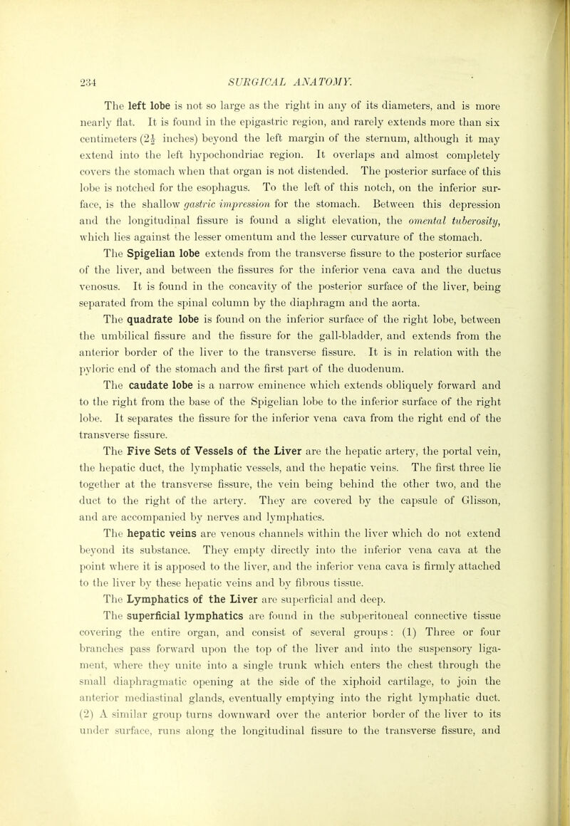 The left lobe is not so large as the right in any of its diameters, and is more nearly flat. It is found in the epigastric region, and rarely extends more than six centimeters (2J inches) beyond the left margin of the sternum, although it may extend into the left hypochondriac region. It overlaps and almost completely covers the stomach when that organ is not distended. The posterior surface of this lobe is notched for the esophagus. To the left of this notch, on the inferior sur- face, is the shallow gastric impression for the stomach. Between this depression and the longitudinal fissure is found a slight elevation, the omental tuberosity, which lies against the lesser omentum and the lesser curvature of the stomach. The Spigelian lobe extends from the transverse fissure to the posterior surface of the liver, and between the fissures for the inferior vena cava and the ductus venosus. It is found in the concavity of the posterior surface of the liver, being separated from the spinal column by the diaphragm and the aorta. The quadrate lobe is found on the inferior surface of the right lobe, between the umbilical fissure and the fissure for the gall-bladder, and extends from the anterior border of the liver to the transverse fissure. It is in relation with the pyloric end of the stomach and the first part of the duodenum. The caudate lobe is a narrow eminence which extends obliquely forward and to the right from the base of the Spigelian lobe to the inferior surface of the right lobe. It separates the fissure for the inferior vena cava from the right end of the transverse fissure. The Five Sets of Vessels of the Liver are the hepatic artery, the portal vein, the hepatic duct, the lymphatic vessels, and the hepatic veins. The first three lie together at the transverse fissure, the vein being behind the other two, and the duct to the right of the artery. They are covered by the capsule of Glisson, and are accompanied by nerves and lymphatics. The hepatic veins are venous channels within the liver which do not extend beyond its substance. They empty directly into the inferior vena cava at the point where it is apposed to the liver, and the inferior vena cava is firmly attached to the liver by these hepatic veins and by fibrous tissue. The Lymphatics of the Liver are superficial and deep. The superficial lymphatics ai'e found in the subperitoneal connective tissue covering the entire organ, and consist of several groups: (1) Three or four branches pass forward upon the top of the liver and into the suspensory liga- ment, where they unite into a single trunk which enters the chest through the small diaphragmatic opening at the side of the xiphoid cartilage, to join the anterior mediastinal glands, eventually emptying into the right lymphatic duct. (2) A similar group turns downward over the anterior border of the liver to its under surface, runs along the longitudinal fissure to the transverse fissure, and