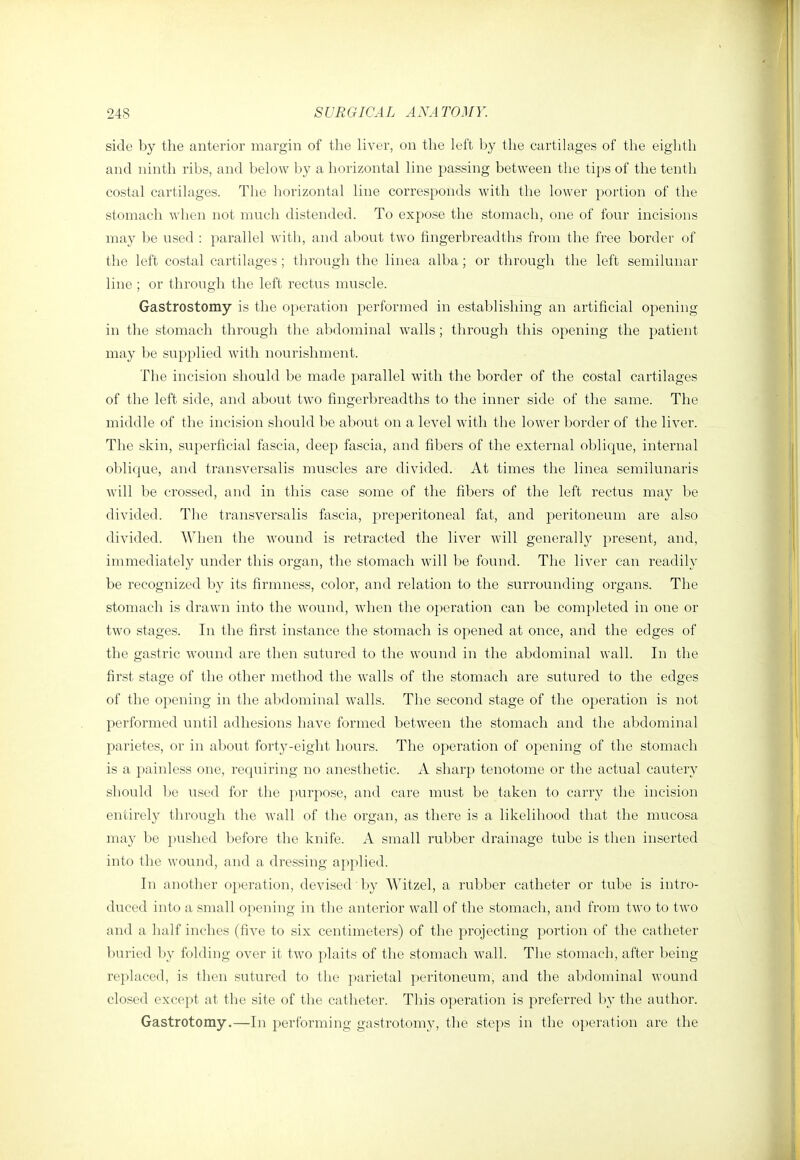side by the anterior margin of the liver, on the left by the cartilages of the eighth and ninth ribs, and below by a horizontal line passing between the tips of the tenth costal cartilages. The horizontal line corresponds with the lower portion of the stomach when not much distended. To expose the stomach, one of four incisions may be used : parallel with, and about two fingerbreadths from the free border of the left costal cartilages; through the linea alba; or through the left semilunar line ; or through the left rectus muscle. Gastrostomy is the operation performed in establishing an artificial opening in the stomach through the abdominal walls; through this opening the patient may be supplied with nourishment. The incision should be made parallel with the border of the costal cartilages of the left side, and about two fingerbreadths to the inner side of the same. The middle of the incision should be about on a level with the lower border of the liver. The skin, superficial fascia, deep fascia, and fibers of the external oblique, internal oblique, and transversalis muscles are divided. At times the linea semilunaris will be crossed, and in this case some of the fibers of the left rectus may be divided. The transversalis fascia, preperitoneal fat, and peritoneum are also divided. When the wound is retracted the liver will generally present, and, immediately under this organ, the stomach will be found. The liver can readily be recognized by its firmness, color, and relation to the surrounding organs. The stomach is drawn into the wound, when the operation can be completed in one or two stages. In the first instance the stomach is opened at once, and the edges of the gastric wound are then sutured to the wound in the abdominal wall. In the first stage of the other method the walls of the stomach are sutured to the edges of the opening in the abdominal walls. The second stage of the operation is not performed until adhesions have formed between the stomach and the abdominal parietes, or in about forty-eight hours. The operation of opening of the stomach is a painless one, requiring no anesthetic. A sharp tenotome or the actual cautery should l)e used for the purpose, and care must be taken to carry the incision entirely through the wall of the organ, as there is a likelihood that the mucosa may be pushed before the knife. A small rubber drainage tube is then inserted into the wound, and a dressing applied. In another operation, devised by Witzel, a rubber catheter or tube is intro- duced into a small opening in the anterior wall of the stomach, and from two to two and a half inches (five to six centimeters) of the projecting portion of the catheter buried by folding over it two plaits of the stomach wall. Tlie stomach, after being replaced, is then sutured to the parietal peritoneum, and the abdominal wound closed except at the site of the catheter. This operation is preferred by the author. Gastrotomy.—In performing gastrotomy, the steps in the operation are the