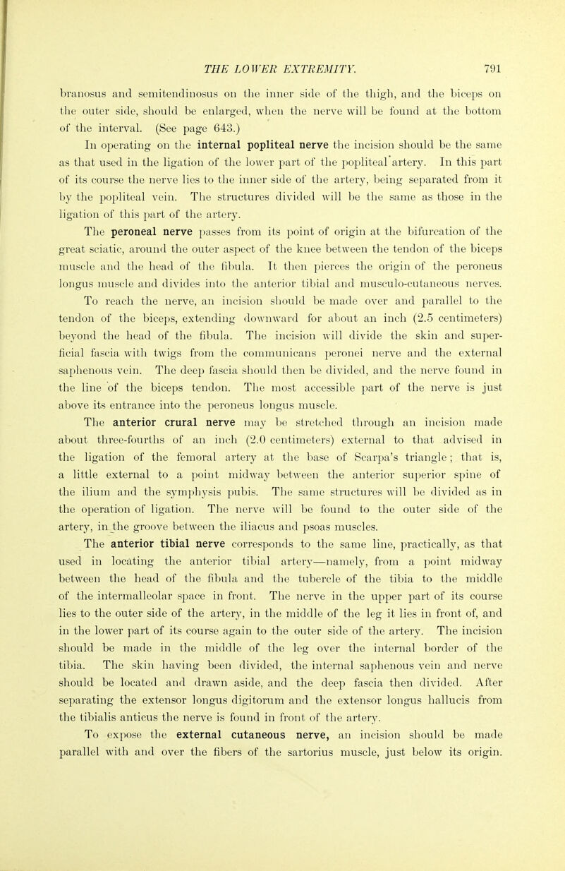 branosus and semitendinosus on the inner side of the thigh, and the biceps on the outer side, should be enlarged, when the nerve will be found at the bottom of the interval. (See page 643.) In operating on the internal popliteal nerve the incision should be the same as that used in the ligation of the lower part of the popliteal artery. In this part of its course the nerve lies to the inner side of the artery, being separated from it by the popliteal vein. The structures divided will be the same as those in the ligation of this part of the artery. The peroneal nerve passes from its point of origin at the bifurcation of the great sciatic, around the outer aspect of the knee between the tendon of the biceps muscle and the head of the fibula. It then pierces the origin of the peroneus longus muscle and divides into the anterior tibial and musculo-cutaneous nerves. To reach the nerve, an incision should be made over and parallel to the tendon of the biceps, extending downward for about an inch (2.5 centimeters) beyond the head of the fibula. The incision will divide the skin and super- ficial fascia with twigs from the communicans peronei nerve and the external saphenous vein. The deep fascia should then be divided, and the nerve found in the line of the biceps tendon. The most accessible part of the nerve is just above its entrance into the peroneus longus muscle. The anterior crural nerve may be stretched through an incision made about three-fourths of an inch (2.0 centimeters) external to that advised in the ligation of the femoral artery at the base of Scarpa's triangle; that is, a little external to a point midway between the anterior superior spine of the ilium and the symphysis pubis. The same structures will be divided as in the operation of ligation. The nerve Avill be found to the outer side of the arter}'^, in the groove between the iliacus and psoas muscles. The anterior tibial nerve corresponds to the same line, practically, as that used in locating the anterior tibial arterj'—namely, from a point midway between the head of the fibula and the tubercle of the tibia to the middle of the intermalleolar space in front. The nerve in the upper part of its course lies to the outer side of the artery, in the middle of the leg it lies in front of, and in the lower part of its course again to the outer side of the artery. The incision should be made in the middle of the leg over the internal border of the tibia. The skin having been divided, the internal saphenous vein and nerve should be located and drawn aside, and the deep fascia then divided. After separating the extensor longus digitorum and the extensor longus hallucis from the tibialis anticus the nerve is found in front of the artery. To expose the external cutaneous nerve, an incision should be made parallel with and over the fibers of the sartorius muscle, just below its origin.