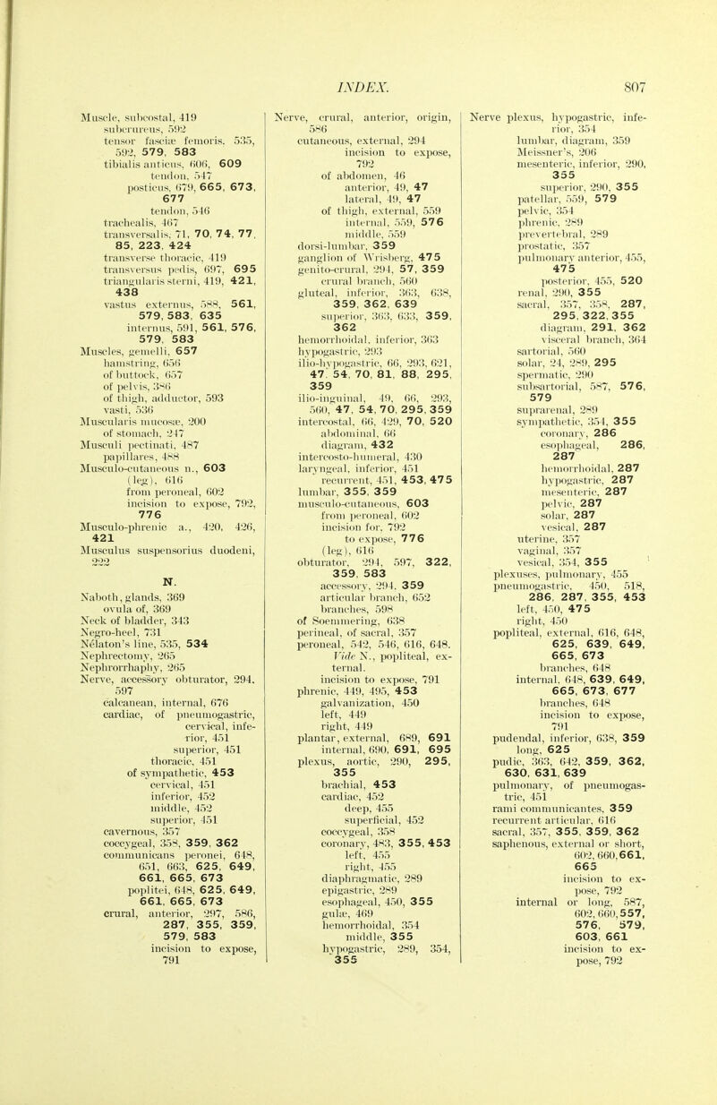 Muscle, subcostal, 419 siiljcrurens, 592 tensor fasci;L' tVmoris. 535, 5'J:2, 579, 583 tibialis auticus, (iOli, 609 tendon, 547 posticus. t;79, 665, 673, 677 tendon, .546 tracheal is, 4()7 transversidis, 71, 70, 74, 77, 85, 223, 424 transverse thoracic, 419 trans\ersus pedis, 697, 695 trian^iularis sterni, 419, 421, 438 vastus externus, 5.'^?^, 561, 579, 583, 635 internus, 591, 561, 576, 579, 583 Muscles, genielli, 657 liainstrinj;, G5(5 ofluittock, 657 of jielvis, ;5M6 of thigh, addiictor, 593 vasti, 536 JIuscularis mucoste, 200 of stomach, 247 Musculi pectinati, 4*^7 papillares, 4H8 Musculo-cutaneous n., 603 (le,-;), 616 from peroneal, 603 incision to expose, 79:2, 776 Musculo-phrenic a., 420, 426, 421 Musculus suspensorius duodeui, 222 N. Naboth, glands, 369 ovula of, 369 Neck of bladder, 343 Negro-heel, 731 Nelaton's line, 5,35, 534 Nephrectomy, 265 Nephrorrhaphy, 265 Nerve, accessory obturator, 294. 597 calcanean, internal, 676 cardiac, of pneumogastric, cervical, infe- rior, 451 superior, 451 thoracic, 451 of sympathetic, 453 cervical, 451 inferior, 452 middle, 452 superior, 451 cavernous, 357 coccygeal, 358, 3 59, 362 comniunicans peronei, 618, 651, 663, 62 5 , 649, 661, 665, 673 poplitei, (!48, 625, 649, 661, 665, 673 crural, anterior, 297, 586, 287, 355, 359, 579, 583 incision to expose, 791 Nerve, crural, anterior, origin, 586 cutaneous, external, 294 incision to expose, 792 of abdomen, 46 anterior, 49, 47 lateral, 49, 47 of thigh, external, 559 interna], 559, 57 6 middle, 559 dorsi-lumbar, 359 ganglion of Wrisberg, 475 genfto-crural, 294, 57 , 359 crural branch, 5()() gluteal, inferior, lid!!, 638, 359, 362, 639 sui)eriiir, 363, 633, 359, 362 hemorrhoidal, inferior, 363 hvpogastric, 293 ilio-hvpogastric, 66, 293, 621, 47! 54, 70, 81, 88, 295, 359 ilio-iiiguinal, 49, 6(), 293, 560, 47 , 54, 70, 2 9 5, 3 5 9 intercostal, 6(i. 129, 70, 5 2 0 abdominal, (>(! diagram, 432 intercosto-li 11111eral, 430 laryngeal, inferior, 451 ' recurrent, 451, 453, 475 lumbar, 355, 359 musculo-cutaneous, 603 from peroneal, (i02 incision for, 792 to expose, 776 (leg), 616 obturator, 294, 597, 322, 359, 583 accessory, 294. 359 articular liranch, 652 branches, 598 of Soemmering, 638 perineal, of sacral, 357 peroneal, 542, 546, 616, 648. Vide N., popliteal, ex- ternal, incision to expose, 791 phrenic, 449, 495, 453 galvanization, 450 left, 449 right, 449 plantar, external, 689, 691 internal, 690, 691, 695 plexus, aortic, 290, 29 5, 355 brachial, 453 cardiac, 452 deep, 455 superficial, 452 coccygeal, 358 coronary, 483, 355, 453 left, 455 right, 455 diaphragtnatic, 289 epigastric, 289 esophageal, 4.50, 3 5 5 gulie, 469 hemorrhoidal, 354 middle, 355 hvpogastric, 289, 354, ■^355 Nerve plexus, hypogastric, infe- rior, 354 lumbar, diagram, 359 Meissner's, 206 mesenteric, inferior, 290, 355 superior, 290, 35 5 patellar, 559, 579 pelvic, 354 phrenic, 289 prevertebral, 289 prostatic, 357 liulmonary anterior, 455, 475 posterior, 455, 520 renal, 290, 355 sacral, 357, :!58, 287, 295, 322, 355 diagram. 291, 362 visceial branch, 364 sartorial, 560 solar, 24, 289, 295 spermatic, 290 subsirtorial, 587, 576, 579 suprarenal, 289 sympathetic, .354, 355 coronary, 286 esophageal, 286, 287 hemorrhoidal, 287 hypogastric. 287 mesenteric. 287 pelvic, 287 solar, 287 vesical, 287 uterine, 357 vaginal, 357 vesical, 354, 355 plexuses, pulmonary, 455 pneumogastric, 450, 518, 286, 287, 355, 453 left, 4.^.0, 475 right, 450 popliteal, external, 616, 648, 625, 639, 649, 665, 673 branches, 648 internal. 648, 63 9, 649, 665, 673, 677 branches, 648 incision to expose, 791 pudendal, inferior, 638, 359 long, 625 pudic, 363, 642, 3 59, 3 62, 630, 631, 639 pulmonarv, of pneumogas- tric, 45i rami communicantes, 359 recurrent articular, 616 sacral, 3.57, 3 5 5 , 3 59, 3 62 saphenous, external or short, 602, 660,661, 665 incision to ex- pose, 792 internal or long, 587, 602,660,557, 576, 579, 603, 661 incision to ex- pose, 792
