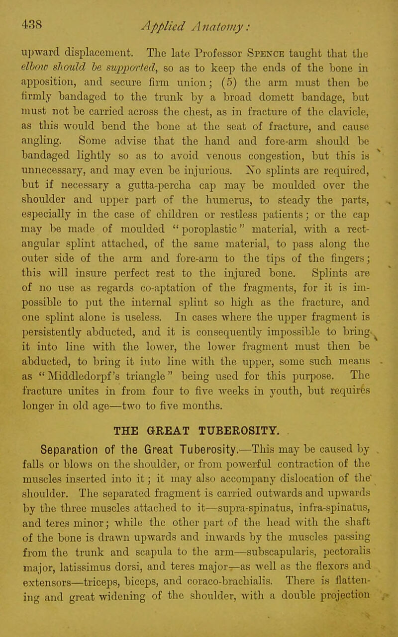 upward displacement. The late Professor Spence taught that the dhnw sliould he supjiorted, so as to keep the ends of the bone hi apposition, and secure firm union; (5) the arm must then be lirmly bandaged to the trunk by a broad domett bandage, but must not be carried across the chest, as in fracture of the clavicle, as this would bend the bone at the seat of fracture, and cause angling. Some advise that the hand and fore-arm shoidd be bandaged lightly so as to avoid venous congestion, but this is unnecessary, and may even be injurious. No splints are required, but if necessary a gutta-i^ercha cap may be moulded over the shoulder and upper part of the humerus, to steady the parts, especially in the case of children or restless patients; or the cap may be made of moulded  poroplastic material, with a rect- angular splint attached, of the same material, to pass along the outer side of the arm and fore-arm to the tijis of tlie fingers; this will insure perfect rest to the injured bone. Splints are of no use as regards co-aptation of the fragments, for it is im- possible to put the internal splint so high as the fracture, and one splint alone is useless. In cases where the upper fragment is persistently abducted, and it is consequently impossible to bring-^ it mto liue with the lower, the lower fragment must then be abducted, to bring it into line with the upper, some such means . as Middledorpf's triangle being used for this purpose. The fracture unites in from four to five weeks in youth, but requirfes longer in old age—two to five months. THE GREAT TUBEROSITY. . Separation of the Great Tuberosity.—This may be caused by . falls or blows on the shoulder, or from powerful contraction of the muscles inserted into it; it may also accompany dislocation of the shoulder. The separated fragment is carried outwards and upwards by the three muscles attached to it—supra-spinatus, infra-spinatus, and teres minor; while the other part of the head with the shaft of the bone is drawn upwards and inwards by the muscles passing from the trunk and scapula to the arm—subscapular is, pectoralis major, latissimus dorsi, and teres major—as well as the flexors and extensors—triceps, biceps, and coraco-brachialis. There is flatten- ing and great widening of the shoulder, with a double projection -