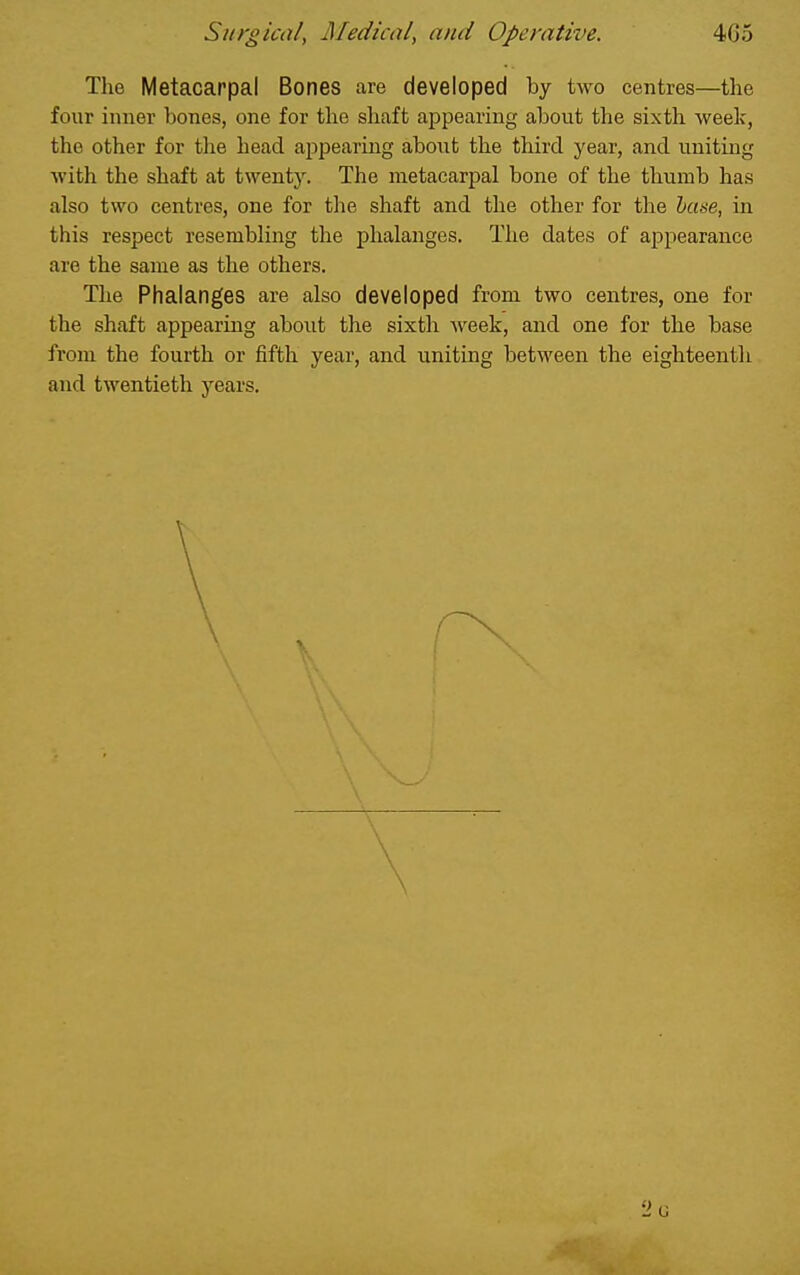 The Metacarpal Bones are developed by two centres—the four inner bones, one for the shaft appearing about the sixth week, the other for the head appearing abont the third year, and uniting with the shaft at twenty. The metacarpal bone of the thumb has also two centres, one for the shaft and the other for the base, in this respect resembling the phalanges. The dates of appearance are the same as the others. The Phalanges are also developed from two centres, one for the shaft appearing about the sixth week, and one for the base from the fourth or fifth year, and uniting between the eighteenth and twentieth years.