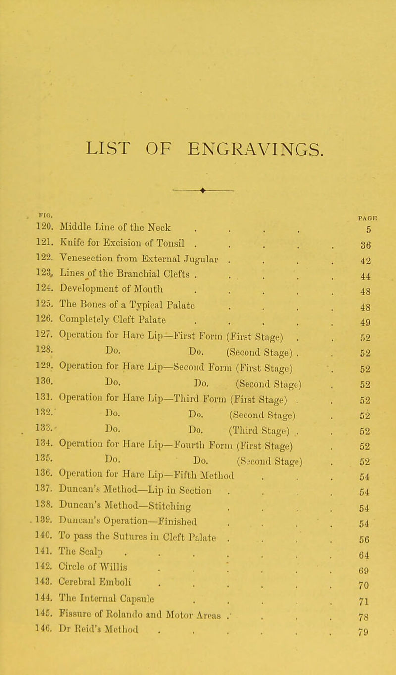 LIST OF ENGRAVINGS. ♦ ^■f'- PAGE 120. Middle Line of the Neck .... 5 121. Knife for Excision of Tonsil ..... 36 122. Venesection from External Jugular .... 42 123. Lines of the Branchial Clefts ..... 44 124. Development of Mouth • .... 48 125. The Bones of a Typical Palate . . . .48 126. Completely Cleft Palate ..... 49 127. Operation for Hare Lip—First Form (First Stage) . . 52 128. Do. Do. (Second Stage) . . 52 129. Operation for Hare Lip—Second Form (First Stage) 52 130. Do. Do. (Second Stage) . 52 131. Operation for Hare Lip—Third Form (First Stage) . . 52 132. Do. Do. (Second Stage) . 52 133. - Do. Do. (Third Stage) . . 52 134. Operation for Hare Lip—Fourth Form (First Stage) . 52 135. Do. Do. (Second Stage) . 52 136. Operation for Hare Lip—Fifth Method ... 54 137. Duncan's Method—Lip in Section .... 54 138. Duncan's Metliod—Stitching .... 54 . 139. Duncan's Operation—Finished . , . . 54 140. To pass the Sutures in Cleft Palate . . . . 55 Ml. The Scalp 24 142. Circle of Willis ...... C9 143. Cerebral Emboli ...... 70 144. The Internal Capsule • ■ • . . 71 145. Fissure of Eolando and Motor Areas . .78 146. Dr Reid's Method ...... 79