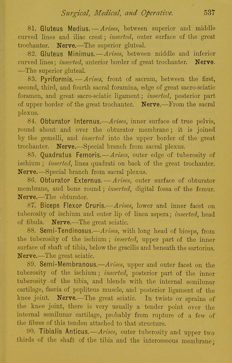 81. Gluteus Medius. — Arises, between superior and middle curved lines and iliac crest; inseHad, outer surface of the great trochanter. Nerve.—The sui^erior gluteal. 82. Gluteus Minimus.—Arises, between middle and inferior curved lines; inserted, anterior border of great trochanter. Nerve. —The superior gluteal. 83. Pyrifopmis. — Arises, front of sacrum, between the first, second, third, and fourth sacral foramina, edge of great sacro-sciatic foramen, and great sacro-sciatic ligament; inserted, posterior part of upper border of the great trochanter. Nerve.—From the sacral plexus. 84. Obturator Internus.—Arises, inner surface of true pelvis, round about and over the obturator membrane; it is joined by the gemelli, and inserted into the upper border of the great trochanter. Nerve.—Special branch from sacral plexus. 85. Quadratus Femoris.—Arises, outer edge of tuberosity of ischium; inserted, linea quadrati on back of the great trochanter. Nerve.—Special branch from sacral plexus. 86. Obturator Externus. — Arises, outer surface of obturator membrane, and bone round; inserted, digital fossa of the femur. Nerve.—The obturator. 87'. Biceps Flexor Cruris.—Arises, lower and inner facet on tuberosity of ischium and outer lip of linea aspera; inserted, head of fibula. Nerve.—The great sciatic. 88. Semi-Tendinosus.—Arises, with long head of biceps, from tlie tuberosity of the ischium; inserted, upper part of the inner surface of shaft of tibia, below the graciUs and beneath the sartorius. Nerve.—The great sciatic. 89. Semi-Membranous.—Arises, upper and outer facet on the tuberosity of the ischium; inserted, posterior part of the inner tuberosity. of the tibia, and blends with the internal semilunar cartilage, fascia of popliteus muscle, and posterior ligament of the knee joint. Nerve.—The great sciatic. In twists or sprains of the knee joint, there is very usually a tender point over the internal semilunar cartilage, probably from rupture of a few of the fibres of this tendon attached to that structure. 90. Tibialis Anticus.—Arises, outer tuberosity and upper two thirds of the shaft of the tibia and the interosseous membrane;