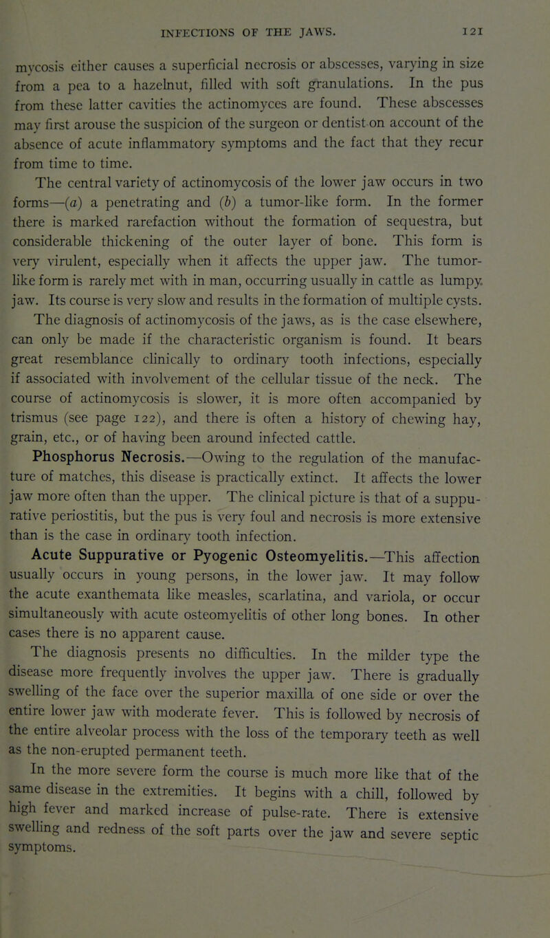 mycosis either causes a superficial necrosis or abscesses, varying in size from a pea to a hazelnut, filled with soft granulations. In the pus from these latter cavities the actinomyces are found. These abscesses may first arouse the suspicion of the surgeon or dentist on account of the absence of acute inflammatory symptoms and the fact that they recur from time to time. The central variety of actinomycosis of the lower jaw occurs in two forms—(a) a penetrating and (b) a tumor-like form. In the former there is marked rarefaction without the formation of sequestra, but considerable thickening of the outer layer of bone. This form is very virulent, especially when it affects the upper jaw. The tumor- like form is rarely met with in man, occurring usually in cattle as lumpy, jaw. Its course is very slow and results in the formation of multiple cysts. The diagnosis of actinomycosis of the jaws, as is the case elsewhere, can only be made if the characteristic organism is found. It bears great resemblance clinically to ordinary tooth infections, especially if associated with involvement of the cellular tissue of the neck. The course of actinomycosis is slower, it is more often accompanied by trismus (see page 122), and there is often a history of chewing hay, grain, etc., or of having been around infected cattle. Phosphorus Necrosis.—Owing to the regulation of the manufac- ture of matches, this disease is practically extinct. It affects the lower jaw more often than the upper. The chnical picture is that of a suppu- rative periostitis, but the pus is very foul and necrosis is more extensive than is the case in ordinary tooth infection. Acute Suppurative or Pyogenic Osteomyelitis.—This affection usually occurs in young persons, in the lower jaw. It may follow the acute exanthemata like measles, scarlatma, and variola, or occur simultaneously with acute osteomyelitis of other long bones. In other cases there is no apparent cause. The diagnosis presents no difficulties. In the milder type the disease more frequently involves the upper jaw. There is gradually sweUing of the face over the superior maxilla of one side or over the entire lower jaw with moderate fever. This is followed by necrosis of the entire alveolar process with the loss of the temporary teeth as well as the non-erupted permanent teeth. In the more severe form the course is much more Hke that of the same disease in the extremities. It begins with a chill, followed by high fever and marked increase of pulse-rate. There is extensive swelling and redness of the soft parts over the jaw and severe septic symptoms.