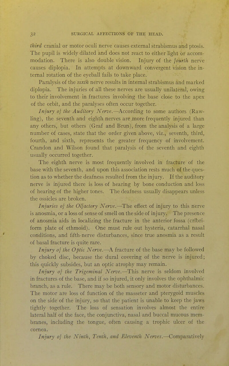 third cranial or motor oculi nerve causes external strabismus and ptosis. The pupil is widely dilated and does not react to either light or accom- modation. There is also double vision. Injury of the fourth nerve causes diplopia. In attempts at downward convergent vision the in- ternal rotation of the eyeball fails to take place. Paralysis of the stxth nerve results in internal strabismus and marked diplopia. The injuries of all these nerves are usually unilateral, owing to their involvement in fractures involving the base close to the apex of the orbit, and the paralyses often occur together. Injury of the Auditory Nerve.—^According to some authors (Raw- Ung), the seventh and eighth nerves are more frequently injured than any others, but others (Graf and Brim), from the analysis of a large number of cases, state that the order given above, viz., seventh, third, fourth, and sixth, represents the greater frequency of involvement. Crandon and Wilson found that paralysis of the seventh and eighth usually occurred together. The eighth nerve is most frequently involved in fracture of the base with the seventh, and upon this association rests much of the ques- tion as to whether the deafness resulted from the injury. If the auditory nerve is injured there is loss of hearing by bone conduction and loss of hearing of the higher tones. The deafness usually disappears unless the ossicles are broken. Injuries of the Olfactory Nerve.—^The effect of injury to this nerve is anosmia, or a loss of sense of smell on the side of injury. The presence of anosmia aids in locaUzing the fracture in the anterior fossa (cribri- form plate of ethmoid). One must rule out hysteria, catarrhal nasal conditions, and fifth-nerv^e disturbances, since true anosmia as a result of basal fracture is quite rare. Injury of the Optic Nerve.—fracture of the base may be followed by choked disc, because the dural covering of the nerve is injured; this quickly subsides, but an optic atrophy may remain. Injury of the Trigeminal Nerve.—^This nerve is seldom involved in fractures of the base, and if so injured, it only involves the ophthalmic branch, as a rule. There may be both sensory and motor disturbances. The motor are loss of function of the masseter and pterygoid muscles on the side of the injury, so that the patient is unable to keep the jaws tightly together. The loss of sensation involves almost the entire lateral half of the face, the conjunctiva, nasal and buccal mucous mem- branes, including the tongue, often causing a trophic ulcer of the cornea. Injury of the Ninth, Tenth, and Eleventh Nerves.—Comparatively