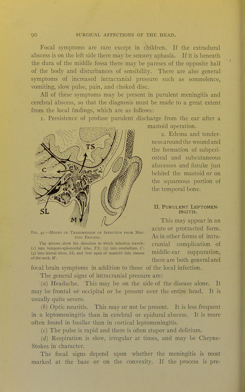 Focal symptoms are rare except in children. If the extradural abscess is on the left side there may be sensory aphasia. If it is beneath the dura of the middle fossa there may be pareses of the opposite half of the body and disturbances of sensibihty. There are also general symptoms of increased intracranial pressure such as somnolence, vomiting, slow pulse, pain, and choked disc. All of these symptoms may be present in purulent meningitis and cerebral abscess, so that the diagnosis must be made to a great extent from the local findings, which are as follows: I. Persistence of profuse purulent discharge from the ear after a mastoid operation. 2. Edema and tender- ness around the wound and the formation of subperi- osteal and subcutaneous abscesses and fistulae just behind the mastoid or on the squamous portion of the temporal bone. II. Purulent Leptomen- ingitis. This may appear in an acute or protracted form. Fig. 45.—Modes of Transmission of Infection from Mas- toid Process. As in Other forms of intra- The arrows show the direction in which infection travels: crailial Complication of (i) into temporo-sphenoidal lobe, TS\ (2) into cerebellum, C; . (3) into lateral sinus, SL, and free apex of mastoid into tissues middlC-Car SUppUratlOU, of the neck, M. ^^^^.^ ^^^^ general and focal brain symptoms in addition to those of the local infection. The general signs of intracranial pressure are: (a) Headache. This may be on the side of the disease alone. It may be frontal or occipital or be present over the entire head. It is usually quite severe. (b) Optic neuritis. This may or not be present. It is less frequent in a leptomeningitis than in cerebral or epidural abscess. It is more often found in basilar than in cortical leptomeningitis. (c) The pulse is rapid and there is often stupor and dehrium. (d) Respiration is slow, irregular at times, and may be Cheyne- Stokes in character. The focal signs depend upon whether the meningitis is most marked at the base or on the convexity. If the process is pre-