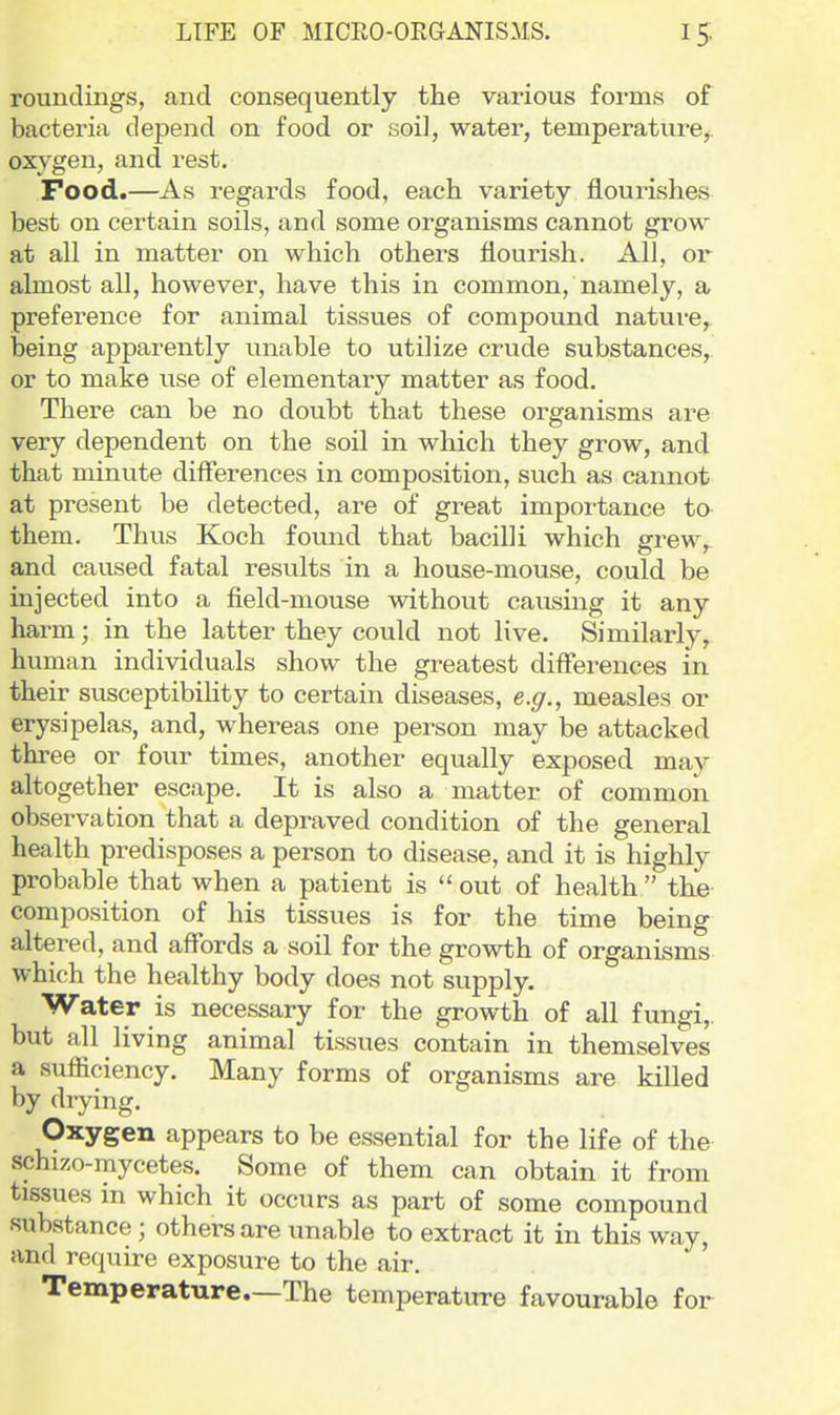 rounclings, and consequently the various forms of bacteria depend on food or soiJ, water, temperature, oxygen, and rest. Food.—As regards food, each variety flourishes best on certain soils, and some organisms cannot grow at all in matter on which others flourish. All, or almost all, however, have this in common, namely, a preference for animal tissues of compound nature, being apparently unable to utilize crude substances, or to make use of elementary matter as food. There can be no doubt that these organisms are very dependent on the soil in which they grow, and that minute differences in composition, such as cannot at present be detected, are of great importance to them. Thus Koch found that bacilli which grew, and caused fatal results in a house-mouse, could be injected into a field-mouse without causing it any harm; in the latter they could not live. Similarly, human individuals show the greatest differences in their susceptibility to certain diseases, e.g., measles or erysipelas, and, whereas one person may be attacked three or four times, another equally exposed may altogether escape. It is also a matter of common observation that a depraved condition of the general health predisposes a person to disease, and it is highly probable that when a patient is  out of health  the composition of his tissues is for the time being altered, and affords a soil for the growth of organisms which the healthy body does not supply. Water is necessary for the growth of all fungi,, but all living animal tissues contain in themselves a sufficiency. Many forms of organisms are killed by drying. Oxygen appears to be essential for the life of the schizo-inycetes. Some of them can obtain it from tissues in which it occurs as part of some compound substance; others are unable to extract it in this way, and require exposure to the air. Temperature.—The temperature favourable for