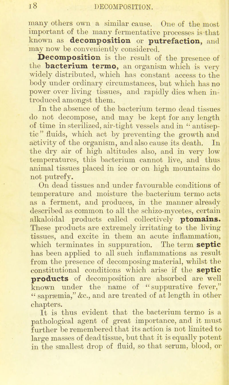 many others own a similar cause. One of the most important of the many fermentative processes is that known as decomposition or putrefaction, and may now be conveniently considered. Decomposition is the result of the presence of the bacterium termo, an organism which is very widely distributed, which has constant access to the body under ordinary circumstances, but which has no power over living tissues, and rapidly dies when in- troduced amongst them. In the absence of the bacterium termo dead tissues do not decompose, and may be kept for any length of time in sterilized, air-tight vessels and in antisep- tic fluids, which act by preventing the growth and activity of the organism, and also cause its death. In the dry air of high altitudes also, and in very low temperatures, this bacterium cannot live, and thus animal tissues placed in ice or on high mountains do not putrefy. On dead tissues and under favourable conditions of temperature and moisture the bacterium termo acts as a ferment, and produces, in the manner already described as common to all the schizo-mycetes, certain alkaloidal products called collectively ptomains. These products are extremely irritating to the living tissues, and excite in them an acute inflammation, which terminates in suppuration. The term septic has been applied to all such inflammations as result from the presence of decomposing material, whilst the constitutional conditions which arise if the septic products of decomposition are absorbed are well known under the name of ''suppurative fever, saprsemia, &c., and are treated of at length in other chapters. It is thus evident that the bacterium tei*mo is a pathological agent of great importance, and it must further be remembered that its action is not limited to large masses of deadtissxie, but that it is equally potent in the smallest drop of fluid, so that serum, blood, or