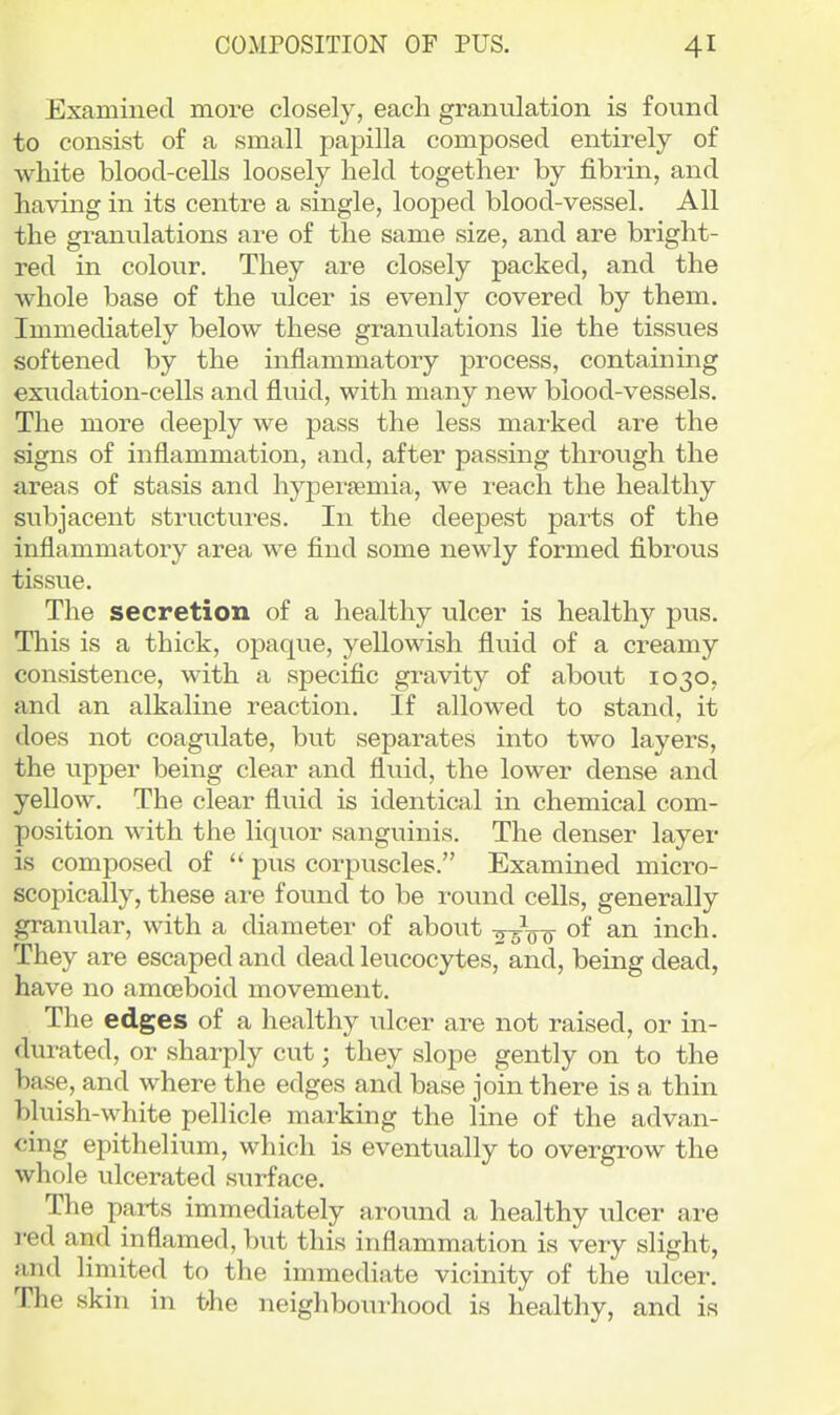 Examined more closely, each granulation is found to consist of a small papilla composed entirely of white blood-cells loosely held together by fibrin, and havmg in its centre a single, looped blood-vessel. All the granulations ai'e of the same size, and are bright- red in colour. They are closely packed, and the whole base of the ulcer is evenly covered by them. Immediately below these granulations lie the tissues softened by the inflammatory process, containing exudation-cells and fluid, with many new blood-vessels. The more deeply we pass the less marked are the signs of inflammation, and, after passing through the areas of stasis and hyperemia, we reach the healthy subjacent structures. In the deepest parts of the inflammatory area we find some newly formed fibrous tissue. The secretion of a healthy ulcer is healthy pus. This is a thick, opaque, yellowish fluid of a creamy consistence, with a specific gravity of about 1030, and an alkaline reaction. If allowed to stand, it does not coagulate, but separates into two layers, the upper being clear and fluid, the lower dense and yellow. The clear fluid is identical in chemical com- position with the liquor sanguinis. The denser layer is composed of pus corpuscles. Examined micro- scopically, these ai'e found to be round cells, generally granular, with a diameter of about -j^Vo ^.n inch. They are escaped and dead leucocytes, and, being dead, have no amceboid movement. The edges of a healthy ulcer are not raised, or in- durated, or sharply cut; they slope gently on to the base, and where the edges and base join there is a thin bluish-white pellicle marking the line of the advan- cing epithelium, which is eventually to overgrow the whole ulcerated surface. The parts immediately around a healthy ulcer are red and inflamed, but this inflammation is very slight, and limited to the immediate vicinity of the ulcer. The skin in the neighbourhood is healthy, and is