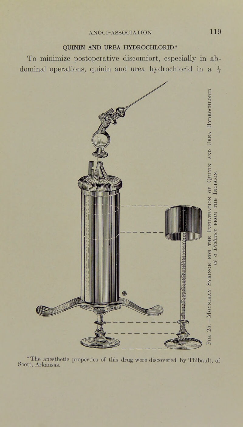 QUmiN AND UREA HYDROCHLORID * To minimize postoperative discomfort, especially in ab- dominal operations, quinin and urea hydrochlorid in a ^ *The anesthetic properties of this drug were discovered by Thibauh, of Scott, Arkansas.