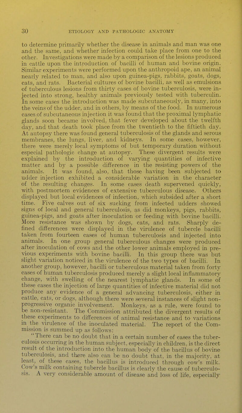 to determine primarily whether the disease in animals and man was one and the same, and whether infection could take place from one to the other. Investigations were made by a comparison of the lesions produced in cattle upon the introduction of bacilli of human and bovine origin. Similar experiments were performed upon the anthropoid ape, an animal nearly related to man, and also upon guinea-pigs, rabbits, goats, dogs, cats, and rats. Bacterial cultures of bovine bacilli, as well as emulsions of tuberculous lesions from thirty cases of bovine tuberculosis, were in- jected into strong, healthy animals previously tested with tuberculin. In some cases the introduction was made subcutaneously, in many, into the veins of the udder, and in others, by means of the food. In numerous cases of subcutaneous injection it was found that the proximal lymphatic glands soon became involved, that fever developed about the twelfth day, and that death took place from the twentieth to the fiftieth day. At autopsy there was found general tuberculosis of the glands and serous membranes, the lungs, liver, and kidneys. In some cases, however, there were merely local symptoms of but temporary duration without especial pathologic change at autopsy. These divergent results were explained by the introduction of varying quantities of infective matter and by a possible difference in the resisting powers of the animals. It was found, also, that those having been subjected to udder injection exhibited a considerable variation in the character of the resulting changes. In some cases death supervened quickly, with postmortem evidences of extensive tuberculous disease. Others displayed but local evidences of infection, which subsided after a short time. Five calves out of six sucking from infected udders showed signs of local and general tuberculosis, as did monkeys, pigs, rabbits, guinea-pigs, and goats after inoculation or feeding with bovine bacilli. More resistance was shown by dogs, cats, and rats. Sharply de- fined differences were displayed in the virulence of tubercle bacilli taken from fourteen cases of human tuberculosis and injected into animals. In one group general tuberculous changes were produced after inoculation of cows and the other lower animals employed in pre- vious experiments with bovine bacilli. In this group there was but slight variation noticed in the virulence of the two types of bacilli. In another group, however, bacilli or tuberculous material taken from forty cases of human tuberculosis produced merely a slight local inflammatory- change, with swelling of the nearest lymphatic glands. In some of these cases the injection of large quantities of infective material did not produce any evidence of a general advancing tuberculosis, either in cattle, cats, or dogs, although there were several instances of slight non- progressive organic involvement. Monkeys, as a rule, were found to be non-resistant. The Commission attributed the divergent results of these experiments to differences of animal resistance and to variations in the virulence of the inoculated material. The report of the Com- mission is summed up as follows: There can be no doubt that in a certain number of cases the tuber- culosis occurring in the human subject, especially in children, is the direct result of the introduction into the human bodyof the bacillus of bovine tuberculosis, and there also can be no doubt that, in the majority, at least, of these cases, the bacillus is introduced through cow's milk. Cow's milk containing tubercle bacillus is cleariy the cause of tuberculo- sis. A very considerable amount of disease and loss of life, especially