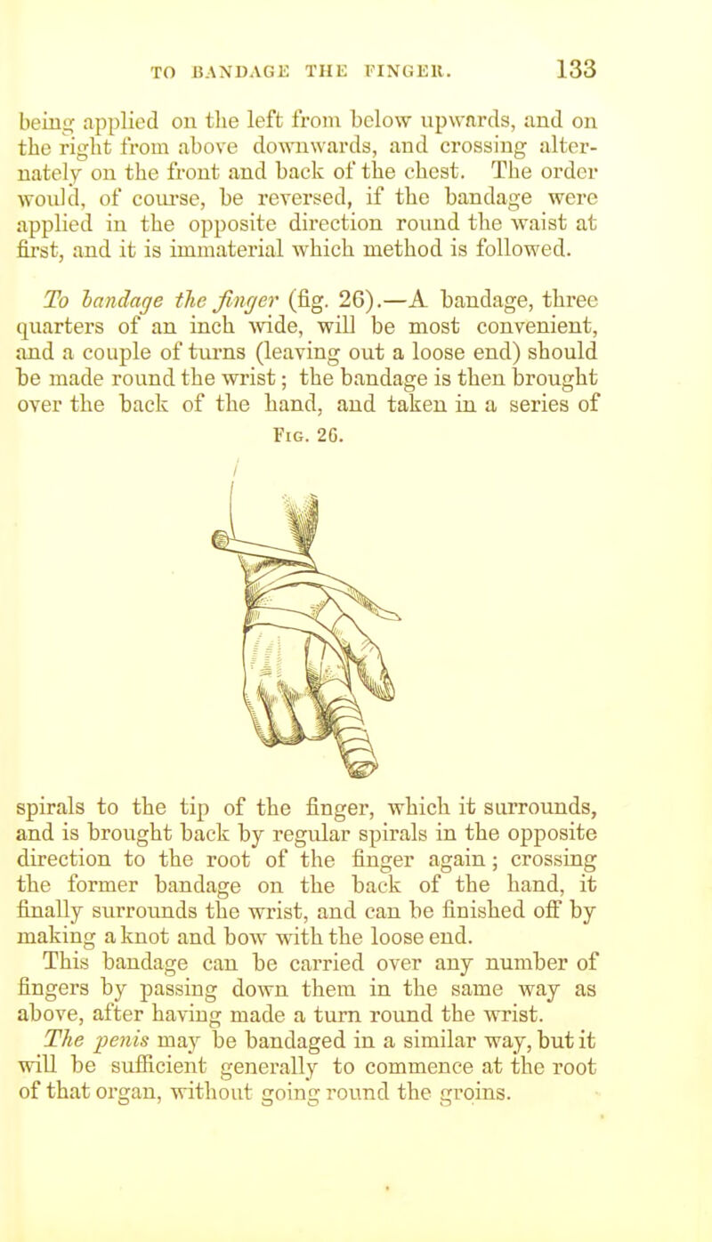 bem<^ applied on tlie left from below upwards, and on the right from above downwards, and crossing alter- nately on the front and back of the chest. The order woidd, of coui-se, be reversed, if the bandage were applied in the opposite direction round the waist at first, and it is immaterial which method is followed. To landage tlie finger (fig. 26).—A bandage, three quarters of an inch wide, will be most convenient, and a couple of turns (leaving out a loose end) should be made round the wrist; the bandage is then brought over the back of the hand, and taken in a series of Fig. 2G. / spirals to the tip of the finger, which it surrounds, and is brought back by regular spirals in the opposite direction to the root of the finger again; crossing the former bandage on the back of the hand, it finally surrounds the wrist, and can be finished off by making a knot and bow with the loose end. This bandage can be carried over any number of fingers by passing down them in the same way as above, after having made a turn round the wrist. The ])€nis may be bandaged in a similar way, but it will be sufiicient generally to commence at the root of that organ, without going round the groins.