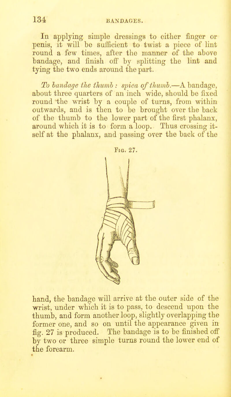 In applying simple dressings to either finger or penis, it will be sufficient to twist a piece of lint round a few times, after tlie manner of the above bandage, and finish oft by splitting the lint and tying the two ends around the part. To landacje the ihumh : spica of thumh.—A bandage, about three quarters of an inch wide, should be fixed round the wrist by a couple of turns, from within outwards, and is then to be brought over the back of the thumb to the lower part of the first phalanx, around which it is to form a loop. Thus crossing it- self at the phalanx, and passing over the back of the hand, the bandage will arrive at the outer side of the wrist, under which it is to pass, to descend upon the thumb, and form another loop, slightly overlapping the former one, and so on until the appearance given in fig. 27 is produced. The bandage is to be finished off by two or three simple turns round the lower end of the forearm.