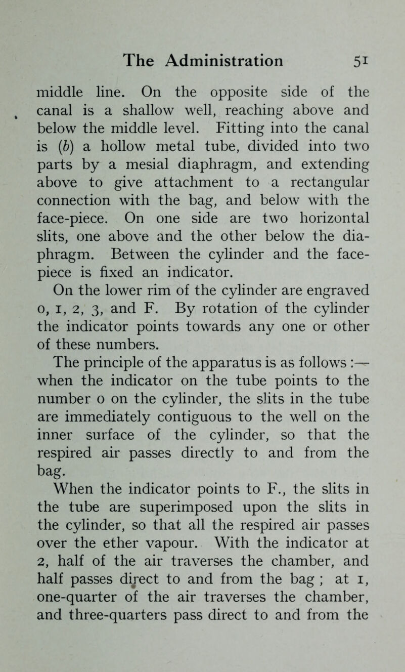 middle line. On the opposite side of the canal is a shallow well, reaching above and below the middle level. Fitting into the canal is {b) a hollow metal tube, divided into two parts by a mesial diaphragm, and extending above to give attachment to a rectangular connection with the bag, and below with the face-piece. On one side are two horizontal slits, one above and the other below the dia- phragm. Between the cylinder and the face- piece is fixed an indicator. On the lower rim of the cylinder are engraved o, I, 2, 3, and F. By rotation of the cylinder the indicator points towards any one or other of these numbers. The principle of the apparatus is as follows :— when the indicator on the tube points to the number o on the cylinder, the slits in the tube are immediately contiguous to the well on the inner surface of the cylinder, so that the respired air passes directly to and from the bag. When the indicator points to F., the slits in the tube are superimposed upon the slits in the cylinder, so that all the respired air passes over the ether vapour. With the indicator at 2, half of the air traverses the chamber, and half passes direct to and from the bag ; at i, one-quarter of the air traverses the chamber, and three-quarters pass direct to and from the
