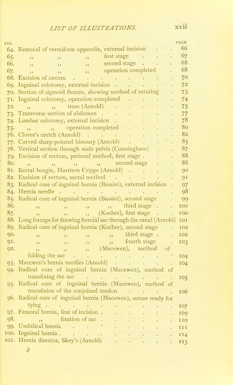FIG. PAGE 64. Removal of vermiform appendix, external incision . . 66 65. ,, „ „ first stage ... 67 66. ,, ,, ,, second stage ... 68 67. ,, ,, ,, operation completed . 68 68. Excision of caecum ........ 7° 69. Inguinal colotomy, external incision ..... 72 70. Section of sigmoid flexure, showing method of suturing . 73 71. Inguinal colotomy, operation completed .... 74 72. ,, ,, truss (Arnold) 75 73. Transverse section of abdomen ...... 77 74. Lumbar colotomy, external incision ..... 7^ 75. ,, ,, operation completed .... 80 76. Clover's crutch (Arnold) 82 77. Curved sharp-pointed bistoury (Arnold) . . . ' . 85 78. Vertical section through male pelvis (Cunningham) . . 87 79. Excision of rectum, perineal method, first stage ... 88 80. ,, ,, ,, ,, second stage . . 88 81. Rectal bougie, Harrison Cripps (Arnold) .... 90 82. Excision of rectum, sacral method ..... 91 83. Radical cure of inguinal hernia (Bassini), external incision . 97 84. Hernia needle ......... 98 85. Radical cure of inguinal hernia (Bassini), second stage . 99 86. ,, ,, ,, ,, third stage . . 100 87. ,, ,, ,, (Kocher), first stage . . 100 88. Long forceps for drawing hernial sac through the canal (Arnold) loi 89. Radical cure of inguinal hernia (Kocher), second stage . 102 90. ,, ,, ,, ,, third stage . . 102 91. „ ,, ,, ,, fourth stage . 103 92. ,, ,, ,, (Macewen), method of folding the sac ....... • 104 93. Macewen's hernia needles (Arnold) ..... 104 94. Radical cure of inguinal hernia (Macewen), method of transfixing the sac ....... 105 95. Radical cure of inguinal hernia (Macewen), method of transfixion of the conjoined tendon . . . .106 96. Radical cure of inguinal hernia (Macewen), suture ready for tying 107 97. Femoral hernia, line of incision . . . . . .109 98. ,, fixation of sac . . . . . .no 99. Umbilical hernia . . • . . . . . iii ICO. Inguinal hernia . . . .. . . . . .114 loi. Hernia director, Skey's (Arnold)