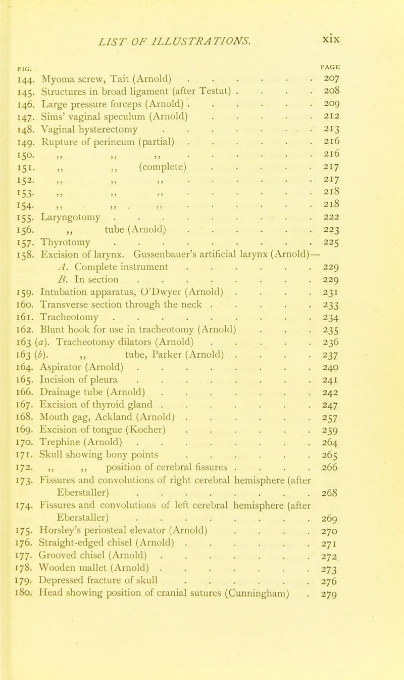FIG. I'AGE 144. Myoma screw, Tait (Arnold) ...... 207 145. Structures in broad ligament (after Testut) .... 208 146. Large pressure forceps (Arnold) ...... 209 147. Sims' vaginal speculum (Arnold) ..... 212 148. Vaginal hysterectomy . . . • . • -213 149. Rupture of perineum (partial) ...... 216 150-  216 151. ,, ., (complete) 217 152- „ i> 2:7 153- 218 154- ... 218 155. Laryngotomy ......... 222 156. „ tube (Arnold) 223 157. Thyrotomy ......... 225 158. Excision of larynx. Gussenbauer's artificial larynx (Arnold)— A. Complete instrument ...... 229 B. In section ........ 229 159. Intubation apparatus, O'Dwyer (Arnold) . . . .231 160. Transverse section through the neck ..... 233 161. Tracheotomy ......... 234 162. Blunt hook for use in tracheotomy (Arnold) . . . 235 163 [a). Tracheotomy dilators (Arnold) ..... 236 163 {b). ,, tube, Parker (Arnold) .... 237 164. Aspirator (Arnold) 240 165. Incision of pleura ........ 241 166. Drainage tube (Arnold) ....... 242 167. Excision of thyroid gland ....... 247 168. Mouth gag, Ackland (Arnold) 257 169. Excision of tongue (Kocher) ...... 259 170. Trephine (Arnold) ........ 264 171. Skull showing bony points ...... 265 172. ,, ,, position of cerebral fissures .... 266 173. Eissures and convolutions of right cerebral hemisphere (after Eberstaller) 268 174. Fissures and convolutions of left cerebral hemisphere (after Eberstaller) 269 175. Horsley's periosteal elevator (Arnold) .... 270 176. Straight-edged chisel (Arnold) ...... 271 177. Grooved chisel (Arnold) ....... 272 178. Wooden mallet (Arnold) ....... 273 179. Depressed fracture of skull ...... 276 180. Head showing position of cranial sutures (Cunningham) . 279