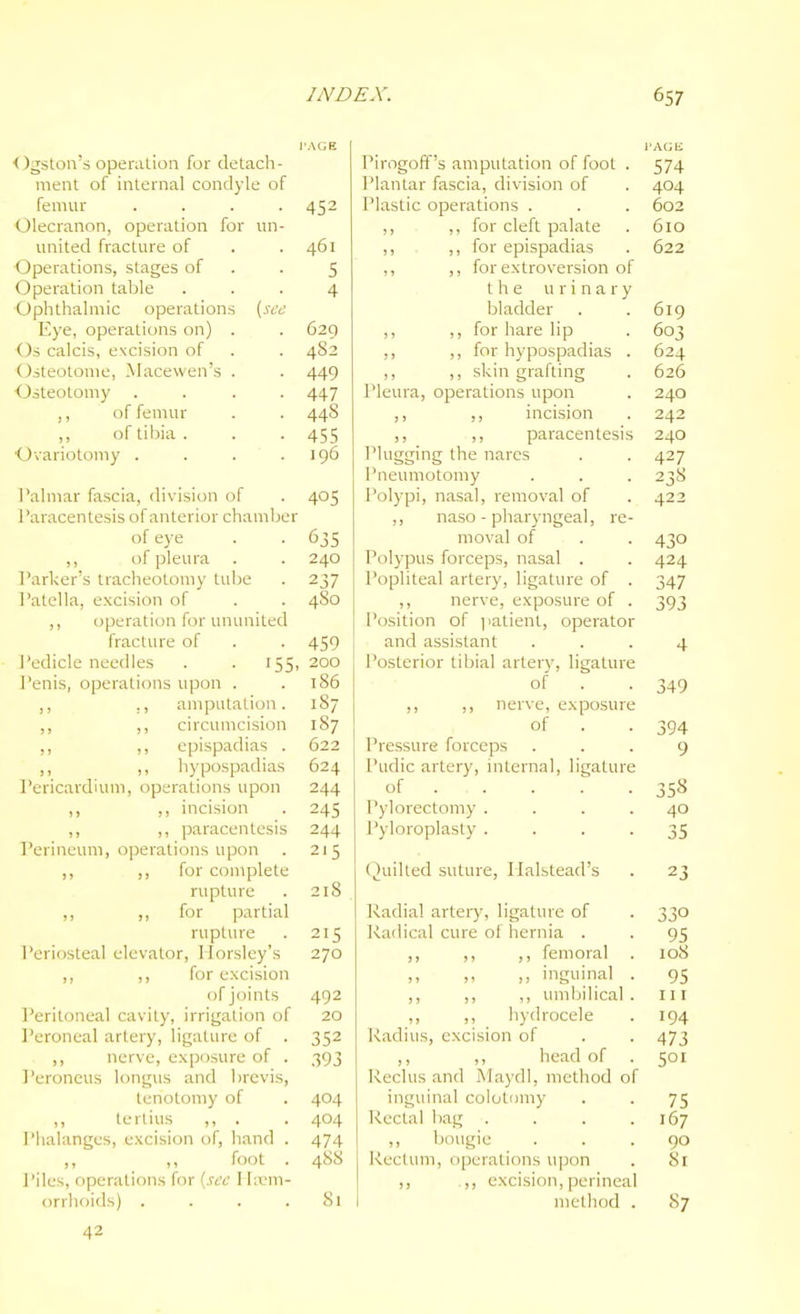 O^ston's operation for detach- ment of internal condyle of femur .... 452 Olecranon, operation for un- united fracture of . .461 Operations, stages of . . 5 Operation table ... 4 Ophthalmic operations (sec Eye, operations on) . . 629 Os calcis, excision of . . 482 Osteotome, Macewen's . . 449 Osteotomy .... 447 of femur . . 44S of tibia . . -455 Ovariotomy . . . .196 Talmar fascia, division of . 405 Paracentesis of anterior chamljer of eye . . 635 ,, of pleura . . 240 Parker's tracheotomy tube . 237 Patella, excision of . . 4S0 ,, operation for ununited fracture of . . 459 I'cdicle needles . . 155, 200 i'enis, operations upon . .186 ,, ,, amputation. 187 ,, circumcision 187 ,, ,, epispadias . 622 ,, ,, hypospadias 624 I'ericavdium, operations upon 244 ,, incision . 245 ,, ,, paracentesis 244 Perineum, operations upon . 215 ,, ,, for complete rupture . 218 ,, ,, for partial rupture . 215 Periosteal elevator, Ilorsley's 270 ,, ,, for excision ofjcjints 492 Peritoneal cavity, irrigation of 20 Peroneal artery, ligature of . 352 ,, nerve, exposure of . 393 ]'eroncus longus and brcvis, tenotomy of . 404 ,, lertius ,, . . 404 I'halanges, excision of, hand . 474 ,, ,, foot . 48S I'iles, operations for iscc I I;rm- orrlioids) . . . .81 42 Pirogoff's amputation of foot Plantar fascia, division of Plastic operations . ,, ,, for cleft palate ,, ), for epispadias ,, ,, for extroversion of the urinary bladder ,, ,, for hare lip for hypospadias ,, skin grafting Pleura, operations upon ,, ,, incision ,, ,, paracentesis Plugging the narcs Pneumotomy Polypi, nasal, removal of ,, naso - pharyngeal, re moval of Polypus forceps, nasal . Popliteal artery, ligature of ,, nerve, exposure of Position of jiatient, operator and assistant Posterior tibial arterv, ligatur of . ,, ,, nerve, exposure of . Pressure forceps Piidic artery, internal, ligatur of ... . Pylorectomy . Pyloroplasty . (Quilted suture, Ilalstead's Radial arteiy, ligature of Radical cure of hernia . ,, ,, ,, femoral ,, ,, inguinal ,, ,, ,, umljilical ,, ,, hydrocele Radius, excision of ,, ,, head of Keclus and IMaydl, method of inguinal colotomy Rectal bag . ,, bougie Rectum, operations upon ,, ,, excision, perineal melliod . 574 404 602 610 622 619 603 624 626 240 242 240 427 23S 422 430 424 347 393 4 349 394 9 358 40 35 330 95 108 95 III 194 473 501 75 167 90 81 S7