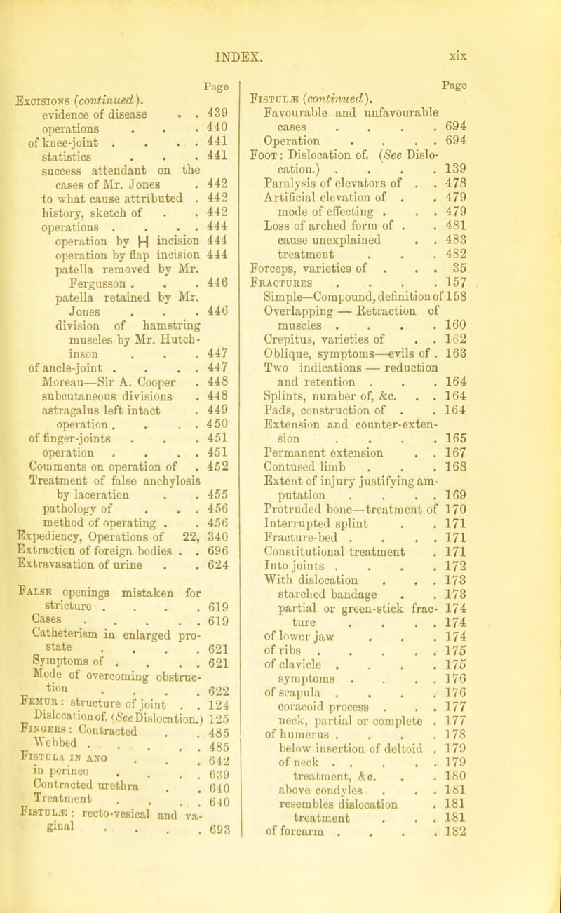 Page Excisions (continued). evidence of disease . . 439 operations . . • 440 ofkuee-joint . . . . 441 statistics . . • 441 success attendant on the cases of Mr. Jones . 442 to wliat cause attributed . 442 history, slietch of . .442 operations . . . . 444 operation by H incision 444 operation by flap incision 444 patella removed by Mr. Fergusson . . ,446 patella retained by Mr. Jones . . . 446 division of hamstring muscles by Mr. Hutch- inson . . . 447 of ancle-joint . . , . 447 Moreau—Sir A. Cooper . 448 subcutaneous divisions . 448 astragalus left intact . 449 operation. . . .450 of finger-joints . . . 451 operation . . . . 451 Comments on operation of . 452 Treatment of false anchylosis by laceration . .455 pathology of ... 456 method of operating . . 456 Expediency, Operations of 22, 340 Extraction of foreign bodies . . 696 Extravasation of urine . . 624 False openings mistaken for stricture .... 619 Cases 619 Catheterism in enlarged pro- state .... 621 Symptoms of . . . . 621 Mode of overcoming obstmc- tion .... 622 Femur: structure of joint . . 124 Dislocation of. (*cc Dislocation.) 125 Fingers; Contracted . . 485 Webbed . . . [ 4gg Fistula in ano . , [ 642 in perineo . . . i 6;59 Contracted urethra . ' . 640 Treatment . . . i 640 Fistula. : recto-vesical and va- g''il • . . .693 Pago FiSTUL^ai (continued). Favourable and nnfavonrahle cases .... 694 Operation . . . . 694 Foot : Dislocation of. (See Dislo- cation.) .... 139 Paralysis of elevators of . .478 Artificial elevation of . . 479 mode of effecting . . . 479 Loss of arched form of . .481 cause unexplained , . 483 treatment . . . 482 Forceps, varieties of . . . 35 Fractures . . . .157 Simple—Compound, definition of 158 Overlapping — Retraction of muscles . . . .160 Crepitus, varieties of . .162 Oblique, symptoms—evils of . 163 Two indications — reduction and retention . . .164 Splints, number of, &c. , .164 Pads, construction of . .164 Extension and counter-exten- sion .... 165 Permanent extension , .167 Contused limb . . .168 Extent of injury justifying am- putation . . . . 169 Protruded bone—treatment of 170 Interrupted splint . .171 Fracture-bed . . . . 171 Constitutional treatment . 171 Into joints .... 172 With dislocation . , . 173 starched bandage . . 173 partial or green-stick frac- 174 ture . . . . 174 of lower jaw , . . 174 of ribs . . . . . 175 of clavicle . . . .175 symptoms . . . . 176 of scapula . . . .176 coracoid process . . . 177 neck, partial or complete . 177 of humerus . . . .178 below insertion of deltoid . 179 of neck 179 treatment, &o. . . 180 above condyles . . . 181 resembles dislocation . 181 treatment . . . 181 of forearm . . . .182