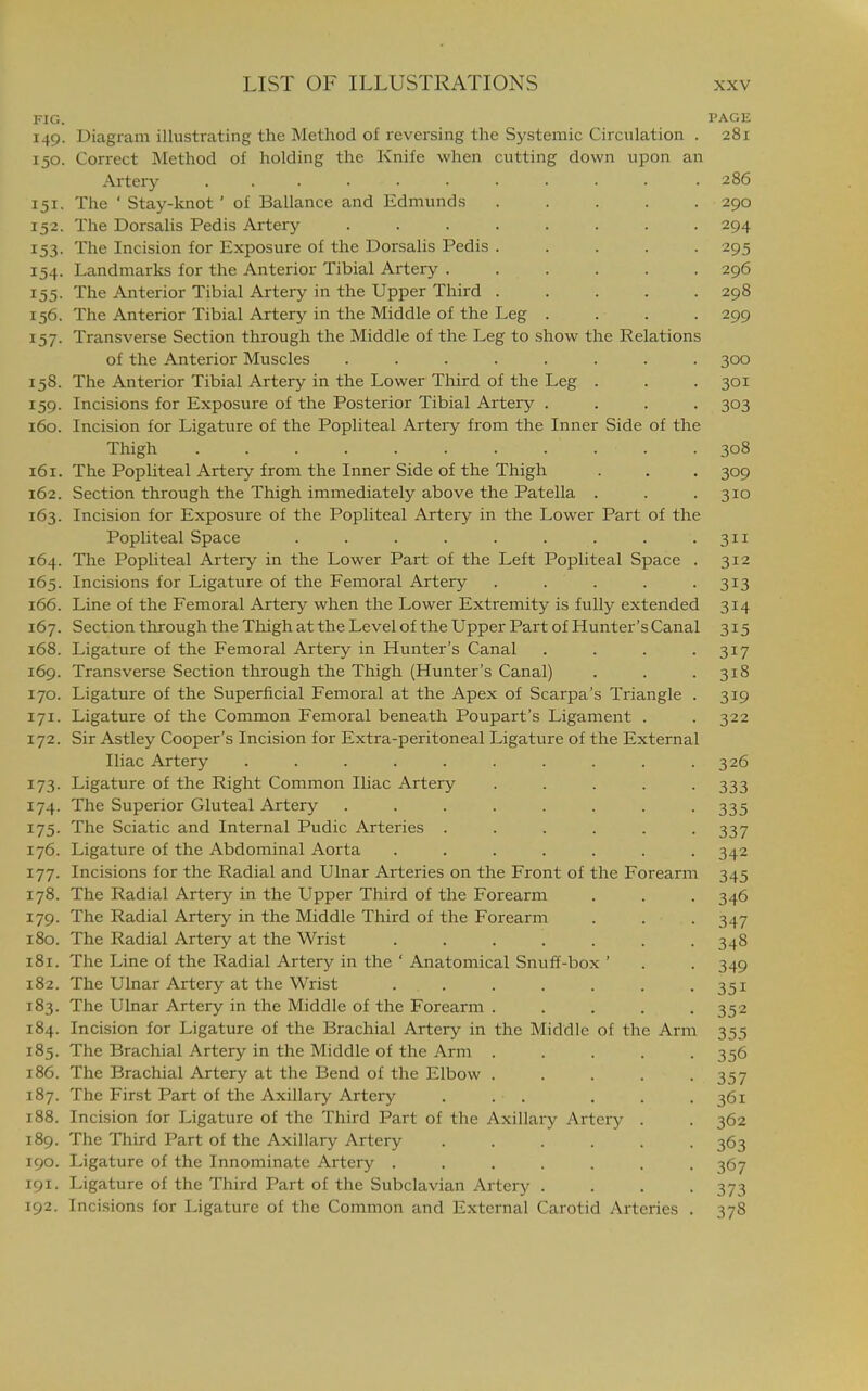 FIG. PAGE 149. Diagram illustrating the Method of reversing the Systemic Circulation . 281 150. Correct Method of holding the Knife when cutting down upon an Arterj^ . 286 151. The 'Stay-knot' of Ballance and Edmunds ..... 290 152. The Dorsalis Pedis Artery ........ 294 153. The Incision for Exposure of the Dorsalis Pedis ..... 295 154. Landmarks for the Anterior Tibial Artery . ..... 296 155. The Anterior Tibial Artery in the Upper Third ..... 298 156. The Anterior Tibial Artery in the Middle of the Leg .... 299 157. Transverse Section through the Middle of the Leg to show the Relations of the Anterior Muscles ........ 300 158. The Anterior Tibial Artery in the Lower Third of the Leg . . . 301 159. Incisions for Exposure of the Posterior Tibial Artery .... 303 160. Incision for Ligature of the Popliteal Artery from the Inner Side of the Thigh 308 161. The Popliteal Artery from the Inner Side of the Thigh . . . 309 162. Section through the Thigh immediately above the Patella . . . 310 163. Incision for Exposure of the Popliteal Artery in the Lower Part of the Popliteal Space . . . . . . . . - 311 164. The Popliteal Artery in the Lower Part of the Left Popliteal Space . 312 165. Incisions for Ligature of the Femoral Artery ..... 313 166. Line of the Femoral Artery when the Lower Extremity is fully extended 314 167. Section through the Thigh at the Level of the Upper Part of Hunter's Canal 315 168. Ligature of the Femoral Artery in Hunter's Canal . . . .317 169. Transverse Section through the Thigh (Hunter's Canal) . . .318 170. Ligature of the Superficial Femoral at the Apex of Scarpa's Triangle . 319 171. Ligature of the Common Femoral beneath Poupart's Ligament . . 322 172. Sir Astley Cooper's Incision for Extra-peritoneal Ligature of the External Iliac Artery .......... 326 173. Ligature of the Right Common Iliac Artery ..... 333 174. The Superior Gluteal Artery . . . . . . . -335 175. The Sciatic and Internal Pudic Arteries ...... 337 176. Ligature of the Abdominal Aorta ....... 342 177. Incisions for the Radial and Ulnar Arteries on the Front of the Forearm 345 178. The Radial Artery in the Upper Third of the Forearm . . . 346 179. The Radial Artery in the Middle Third of the Forearm . . . 347 180. The Radial Artery at the Wrist ....... 348 181. The Line of the Radial Artery in the ' Anatomical Snuff-box ' . . 349 182. The Ulnar Artery at the Wrist ... . . . . -351 183. The Ulnar Artery in the Middle of the Forearm ..... 352 184. Incision for Ligature of the Brachial Artery in the Middle of the Arm 355 185. The Brachial Artery in the Middle of the Arm ..... 356 186. The Brachial Artery at the Bend of the Elbow . . . . -357 187. The First Part of the Axillary Artery ... ... 361 188. Incision for Ligature of the Third Part of the Axillary Artery . . 362 189. The Third Part of the Axillary Artery ...... 363 190. Ligature of the Innominate Artery ....... 367 191. Ligature of the Third Part of the Subclavian Artery . . . • 37s 192. Incisions for Ligature of the Common and External Carotid Arteries . 378