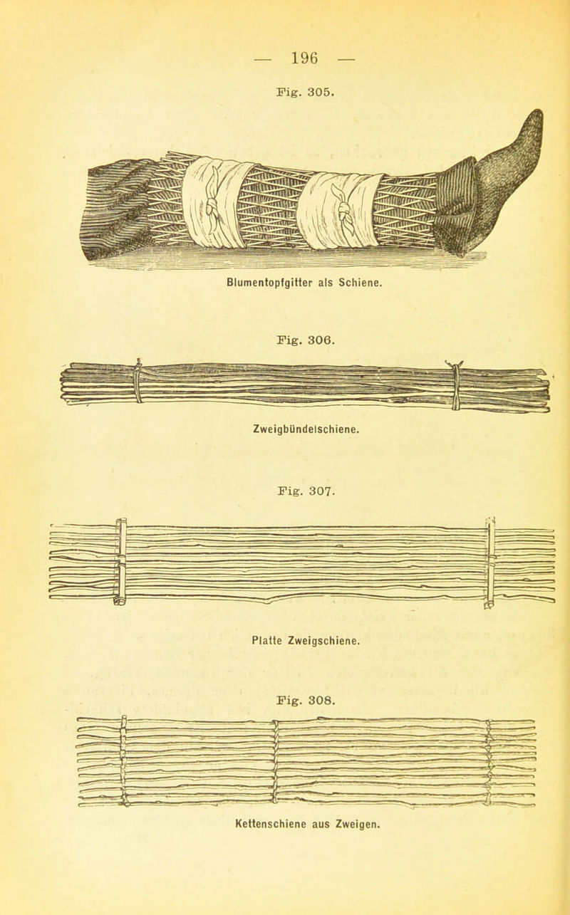 Fig. 305. Blumentopfgitter als Schiene. Fig. 306. Zweigbündelschiene. Fig. 307. . 4 Platte Zweigschiene. Fig. 308. Kettenschiene aus Zweigen.