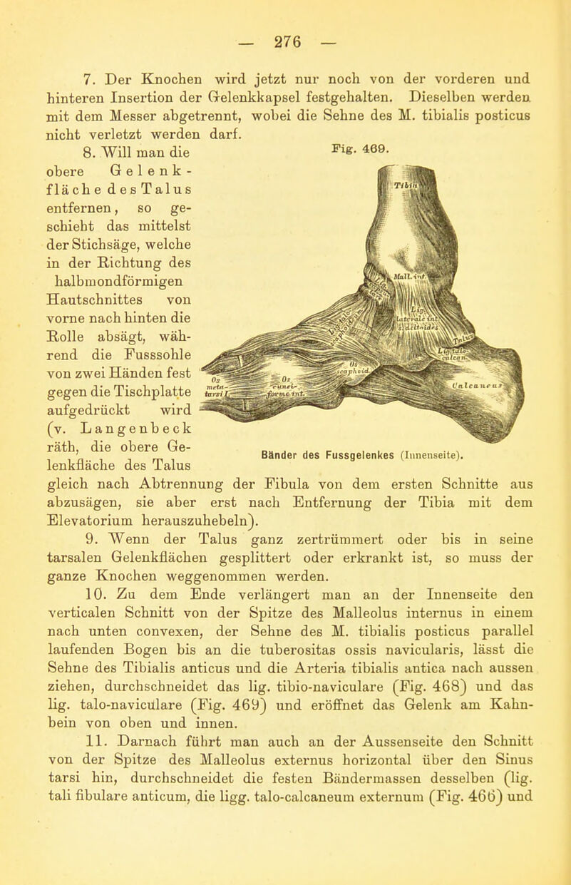 7. Der Knochen wird jetzt nur noch von der vorderen und hinteren Insertion der Grelenkkapsel festgehalten. Dieselben werden mit dem Messer abgetrennt, wobei die Sehne des M. tibialis posticus nicht verletzt werden darf. 8. Will man die ^ie- 489- obere Gelenk- fläch e des Talus entfernen, so ge- schieht das mittelst der Stichsäge, welche in der Richtung des halbmondförmigen Hautschnittes von vorne nach hinten die Rolle absägt, wäh- rend die Fusssohle von zwei Händen fest gegen die Tischplatte aufgedrückt wird (v. Langenbeck rätb, die obere Ge- lenkfläche des Talus gleich nach Abtrennung der Fibula von dem ersten Schnitte aus abzusägen, sie aber erst nach Entfernung der Tibia mit dem Elevatorium herauszuhebein). 9. Wenn der Talus ganz zertrümmert oder bis in seine tarsalen Gelenkflächen gesplittert oder erkrankt ist, so muss der ganze Knochen weggenommen werden. 10. Zu dem Ende verlängert man an der Innenseite den verticalen Schnitt von der Spitze des Malleolus internus in einem nach unten convexen, der Sehne des M. tibialis posticus parallel laufenden Bogen bis an die tuberositas ossis navicularis, lässt die Sehne des Tibialis anticus und die Arteria tibialis antica nach aussen ziehen, durchschneidet das lig. tibio-naviculare (Fig. 468) und das lig. talo-naviculare (Fig. 469) und eröfinet das Gelenk am Kahn- bein von oben und innen. 11. Darnach führt man auch an der Aussenseite den Schnitt von der Spitze des Malleolus externus horizontal über den Sinus tarsi hin, durchschneidet die festen Bändermassen desselben (lig. tali fibulare anticum, die ligg. talo-calcaneum externum (Fig. 466) und Bänder des Fussgelenkes (Innenseite).