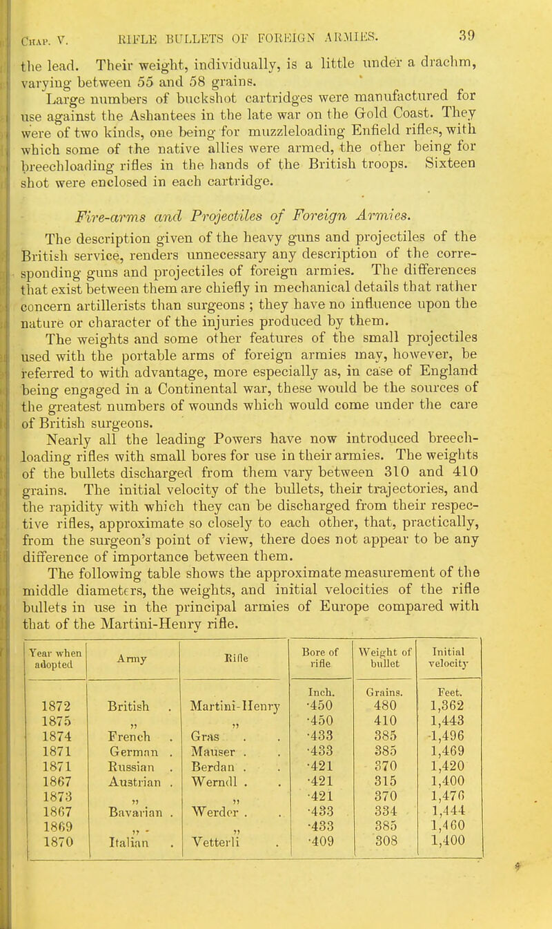 tlie lead. Their weight, individually, is a little under a drachm, varying between 55 and 58 grains. Large numbers of buckshot cartridges were manuftictured for use against the Ashantees in the late war on the Gold Coast. They were of two kinds, one being for muzzleloading Enfield rifles, with which some of the native allies were armed, the other being for breechloading rifles in the hands of the British troops. Sixteen shot were enclosed in each cartridge. Fire-arms and Projectiles of Foreign Armies. The description given of the heavy guns and projectiles of the British service, renders unnecessary any description of the corre- sponding guns and projectiles of foreign armies. The differences that exist between them are chiefly in mechanical details that rather concern artillerists than surgeons ; they have no influence upon the nature or character of the injuries produced by them. The weights and some other features of the small projectiles used with the portable arms of foreign armies may, however, be referred to with advantage, more especially as, in case of England being engaged in a Continental war, these would be the sources of the greatest numbers of wounds which would come under the care of British surgeons. Nearly all the leading Powers have now introduced breech- loading rifles with small bores for use in their armies. The weights of the bullets discharged from them vary between 310 and 410 grains. The initial velocity of the bullets, their trajectories, and the rapidity with which they can be discharged from their respec- tive rifles, approximate so closely to each other, that, practically, from the surgeon's point of view, there does not appear to be any diiference of importance between them. The following table shows the approximate measurement of the middle diameters, the weights, and initial velocities of the rifle bullets in use in the principal armies of Europe compared with that of the Martini-Henry rifle. Year when adopted Army EiHe Bore of rifle Weight of bullet Initial velocity Inch. Grains. Feet. 1872 British Martini-Henry •450 480 1,362 1875 )j » •450 410 1,443 1874 French Gras •433 385 ■1,496 1871 German . Manser . •433 385 1,469 1871 Eiissian . Berdan . •421 370 1,420 1867 Austrian . Wemdl . •421 315 1,400 1873 J) •421 370 1,476 1867 Bavarian . Werder . •433 334 1,444 1869 n - •433 385 1,460 1870 Italian Vettei-U •409 308 1,400