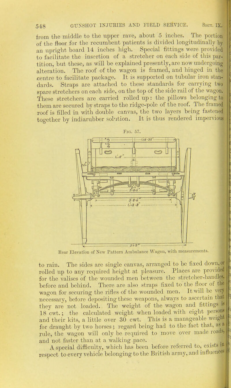 from the middle to the upper rave, about 5 inches. The portion of the floor for the recumbent patients is divided longitudinally by an upright board 14 inches high. Special fittings were provided to facilitate the insertion of a stretcher on each side of this par- tition, but these, as will be explained presently, are now undergoing alteration. The roof of the wagon is framed, and hinged in the centre to facilitate package. It is supported on tubular iron stan^ dards. Straps are attached to these standards for carrying two spare stretchers on each side, on the top of the side rail of the wagon. These stretchers are carried rolled up: the pillows belonging to them are secured by straps to the ridge-pole of the roof. The framed roof is filled in with double canvas, the two layers being fastened together by indiarubber solution. It is thus rendered imperviou^ Fig. 57. Kenr Elevation of New Piittern Ambulance Wag;on, with measurements. to rain. The sides are single canvas, arranged to be fixed down,o| rolled up to any required height at pleasure. Places are pro^'idJ for the valises of the wounded men between the stretcher-haudl| before and behind. There are also straps fixed to the floor of tH wagon for securing the rifles of the wounded men. It will be vel necessary, before depositing these weapons, always to ascertain th^ they are not loaded. The weight of the wagon and fittings : 18 cwt.; the calculated weight when loaded with eight pei'soffi and their kits, a little over 30 cwt. This is a manageable weig^ for draught by two horses; regard being had to the fact that, as; rule, the wagon will only be required to move over made roa^ and not faster than at a walking pace. _ ^ A special difficulty, which has been befoi-e referred to, exists! respect to every vehicle belonging to the British army, and influencf