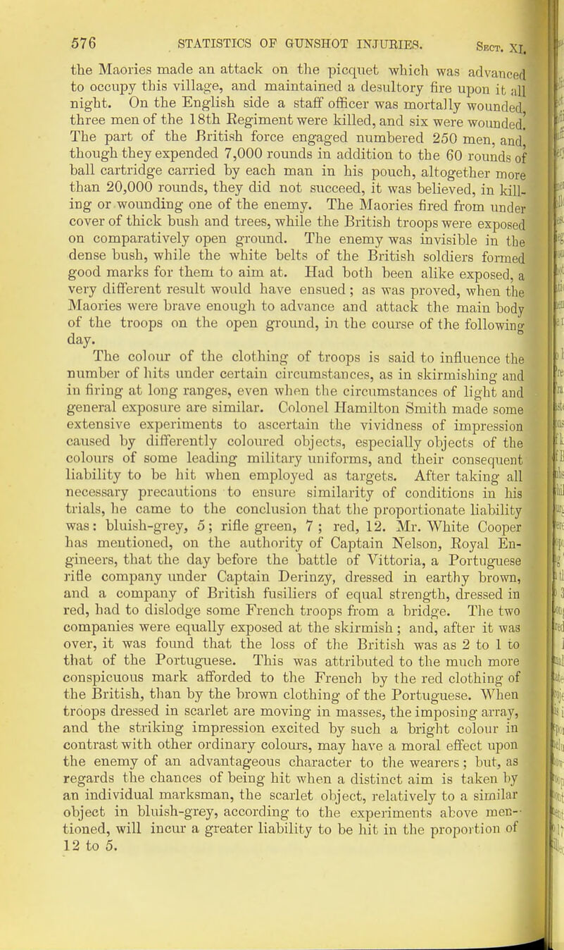 the Maories made an attack on the picqiiet which was advanced to occupy this village, and naaintained a desultory fire upon it all night. On the English side a staff officer was mortally wounded three men of the 18th Regiment were killed, and six were wouDded! The part of the British force engaged numbered 250 men, and* though they expended 7,000 rounds in addition to the 60 rounds of ball cartridge carried by each man in his pouch, altogether more than 20,000 rounds, they did not succeed, it was believed, in kill- ing or wounding one of the enemy. The Maories fired from under cover of thick busli and trees, while the British troops were exposed on comparatively open ground. The enemy was invisible in the dense bush, while the white belts of the British soldiers formed good marks for them to aim at. Had both been alike exposed, a very different result would have ensued; as was proved, when the Maories were brave enough to advance and attack the main body of the troops on the open ground, in the course of the following day. The colour of the clothing of troops is said to influence the number of hits under certain circumstances, as in skirmishing and in firing at long ranges, even wlien the circumstances of light and general exposure are similar. Colonel Hamilton Smith made some extensive experiments to ascertain the vividness of impression caused by differently coloured objects, especially objects of the colours of some leading military uniforms, and their consequent liability to be liit when employed as targets. After taking all necessary precautions to ensure similarity of conditions in his trials, he came to the conclusion that tlie proportionate liability was: bluish-grey, 5; riflegreen, 7; red, 12. Mr. White Cooper has mentioned, on the authority of Captain Nelson, Royal En- gineers, that the day before the battle of Vittoria, a Portuguese rifle company under Captain Derinzy, dressed in earthy brown, and a company of British fusiliers of equal strength, dressed in red, had to dislodge some French troops from a bridge. The two companies were equally exposed at the skirmish; and, after it was over, it was found that the loss of the British was as 2 to 1 to that of the Portuguese. This was attributed to the much more conspicuous mark afforded to the French by the red clothing of the British, tlian by the brown clothing of the Portuguese. When troops dressed in scarlet are moving in masses, the imposing array, and the striking impression excited by such a bright colour in contrast with other ordinary colom-s, may have a moral effect upon the enemy of an advantageous character to tlie wearers; but, as regards the chances of being hit when a distinct aim is taken by an individual marksman, the scarlet object, relatively to a similar object in bluish-grey, according to the experiments above men- tioned, will incur a greater liability to be hit in the proportion of 12 to 5.