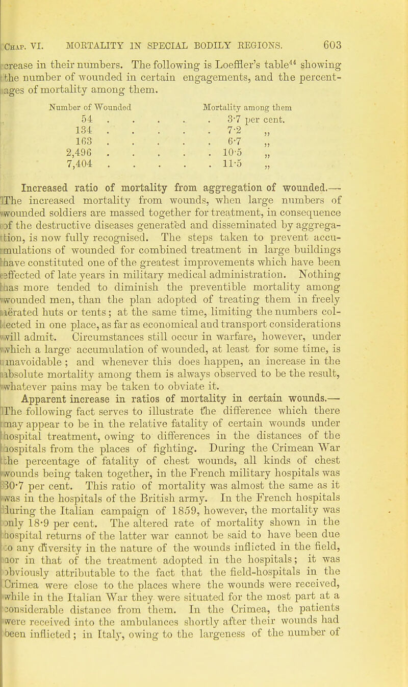 ■crease in their numbers. The following is Loeffler's table*^ showing the number of wounded in certain engagements, and the percent- lages of mortality among them. Number of Wounded 54 , 134 . 163 . 2,496 . 7,404 . Mortality among tliem 3'7 per cent. 7-2 „ 6-7 „ lO'S „ 11-5 Increased ratio of mortality from aggregation of wounded.— IThe increased mortality from wounds, when large numbers of wounded soldiers are massed together for treatment, in consequence 1 Df the destructive diseases generated and disseminated by aggrega- rtion, is now fully recognised. The steps taken to prevent accu- iimrdations of wounded for combined treatment in large buildings btave constituted one of the greatest improvements which have been esffected of late years in military medical administration. Nothing fcbas more tended to diminish the preventible mortality among wounded men, than the plan adopted of treating them in freely Qxerated huts or tents; at the same time, limiting the numbers col- lected in one place, as far as economical and transport considerations wvvill admit. Circumstances still occur in warfare, however, under v..Yhich a large accumulation of wounded, at least for some time, is [imavoidable ; and whenever this does happen, an increase in the labsolute mortality among them is always observed to be the result, whatever pains may be taken to obviate it. Apparent increase in ratios of mortality in certain wounds.— IThe following fact serves to illustrate t^ie difference which there may appear to be in the relative fatality of certain wounds under hospital treatment, owing to differences in the distances of the iospitals from the places of fighting. During the Crimean War zhe percentage of fatality of chest wounds, all kinds of chest wounds being taken together, in the French military hospitals was 330'7 per cent. This ratio of mortality was almost the same as it was in the hospitals of the British army. In the French hospitals iiuring the Italian campaign of 1859, however, the mortality was only 18-9 per cent. The altered rate of mortality shown in the hospital returns of the latter war cannot be said to have been due 00 any d*iversity in the nature of the wounds inflicted in the field, :Qor in that of the treatment adopted in the hospitals; it was obviously attributable to the fact that the field-hospitals in the Crimea were close to the places where the wounds were received, while in the Italian War they were situated for the most part at a considerable distance from them. In the Crimea, the patients were received into the ambulances shortly after their wounds had ■been inflicted; in Italy, owing to the largeness of the number of