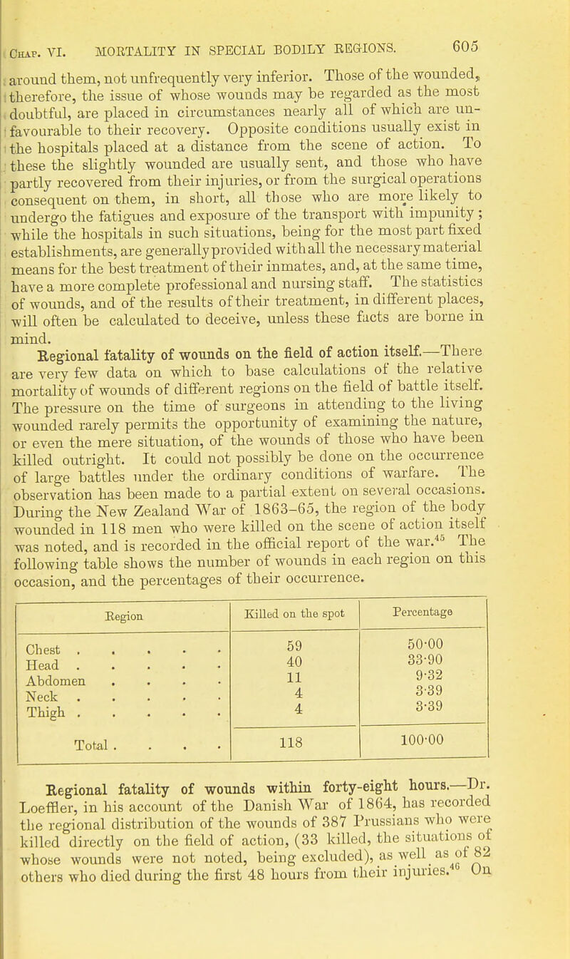 around them, not unfrequently very inferior. Those of the wounded, therefore, the issue of whose wounds may be regarded as the most doubtful, are placed in circumstances nearly all of which are un- favourable to their recovery. Opposite conditions usually exist in the hospitals placed at a distance from the scene of action. To these the slightly wounded are usually sent, and those who have partly recovered from their injuries, or from the surgical operations consequent on them, in short, all those who are more likely to undergo the fatigues and exposure of the transport with impunity ; while the hospitals in such situations, being for the most part fixed establishments, are generally provided with all the necessary material means for the best treatment of their inmates, and, at the same time, have a more complete professional and nursing staff. The statistics of wounds, and of the results of their treatment, in different places, will often be calculated to deceive, unless these facts are borne in mind. Regional fatality of wounds on the field of action itself.—There are very few data on which to base calculations of the relative mortality of wounds of different regions on the field of battle itself. The pressure on the time of surgeons in attending to the living wounded rarely permits the opportunity of examining the nature, or even the mere situation, of the wounds of those who have been killed outright. It could not possibly be done on the occurrence of large battles under the ordinary conditions of warfare. The observation has been made to a partial extent on sevei-al occasions. During the New Zealand War of 1863-65, the region of the body wounded in 118 men who were killed on the scene of action itself was noted, and is recorded in the official report of the war.-'s The following table shows the number of wounds in each region on this occasion, and the percentages of their occurrence. Eegion Chest . Head . Abdomen Neck Thigh Total Killed on the spot Percentage 59 50-00 40 33-90 11 9-32 4 3-39 4 3-39 118 100-00 Regional fatality of wounds within forty-eight hours.—Dr. Loeffler, in his account of the Danish War of 1864, has recorded the regional distribution of the wounds of 387 Prussians who were killed directly on the field of action, (33 killed, the situations of whose wounds were not noted, being excluded), as well '^^ of 82 others who died during the first 48 hours from their injuries. Un