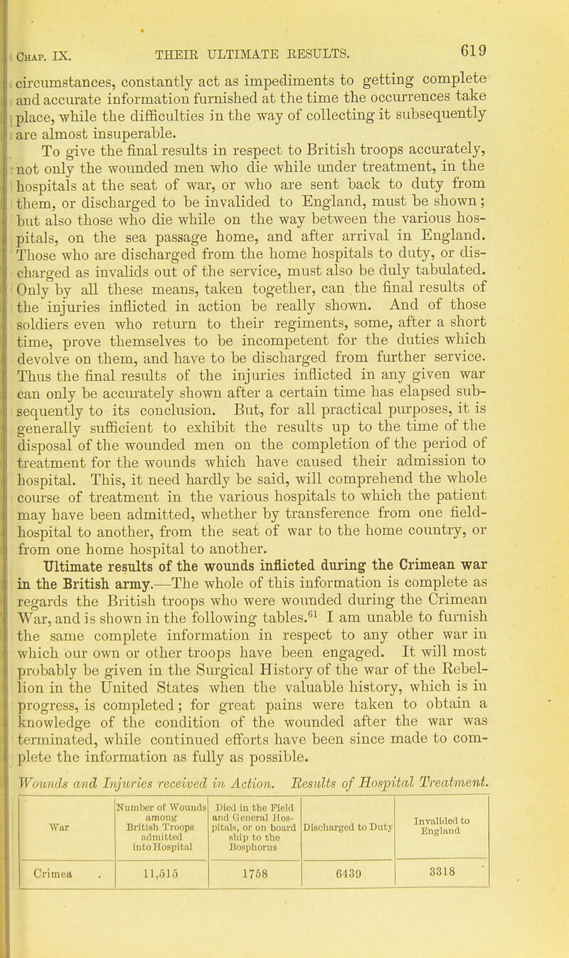 circumstances, constantly act as impediments to getting complete and accurate information furnished at the time the occurrences take place, while the difficulties in the way of collecting it subsequently are almost insuperable. To give the final results in respect to British troops accurately, not only the wounded men who die while under treatment, in the hospitals at the seat of war, or who are sent back to duty from them, or discharged to be invalided to England, must be shown; but also those who die while on the way between the various hos- pitals, on the sea passage home, and after arrival in England. Those who ai'e discharged from the home hospitals to duty, or dis- charged as invalids out of the service, must also be duly tabulated. (July by all these means, taken together, can the final results of the injuries inflicted in action be really shown. And of those soldiers even who return to their regiments, some, after a short time, prove themselves to be incompetent for the duties which devolve on them, and have to be discharged from further service. Thus the final results of the injuries inflicted in any given war can only be accurately shown after a certain time has elapsed sub- sequently to its conclusion. But, for all practical purposes, it is generally sufiicient to exhibit the results up to the time of the disposal of the wounded men on the completion of the period of treatment for the wounds which have caused their admission to hospital. This, it need hardly be said, will comprehend the whole course of treatment in the various hospitals to which the patient may have been admitted, whether by transference from one field- hospital to another, from the seat of war to the home country, or from one home hospital to another. Ultimate results of the woimds inflicted during the Crimean war in the British army.—The whole of this information is complete as regards the British troops who were wounded during the Crimean War, and is shown in the following tables.*^' I am unable to furnish the same complete information in respect to any other war in which our own or other troops have been engaged. It will most probably be given in the Surgical History of the war of the Rebel- lion in the United States when the valuable history, which is in progress, is completed; for great pains were taken to obtain a knowledge of the condition of the wounded after the war was terminated, while continued efforts have been since made to com- plete the information as fully as possible. Wounds and Injuries received in Action. Results of Hospital Treatment. War Number of Wounds amoriK Britisli Troops ndniitted into Hospital Died in the Field nnd General Hos- pitals, or on board ship to the Bosphorns Discharged to Duty Invalided to England Crimea 11,515 1758 6439 3318