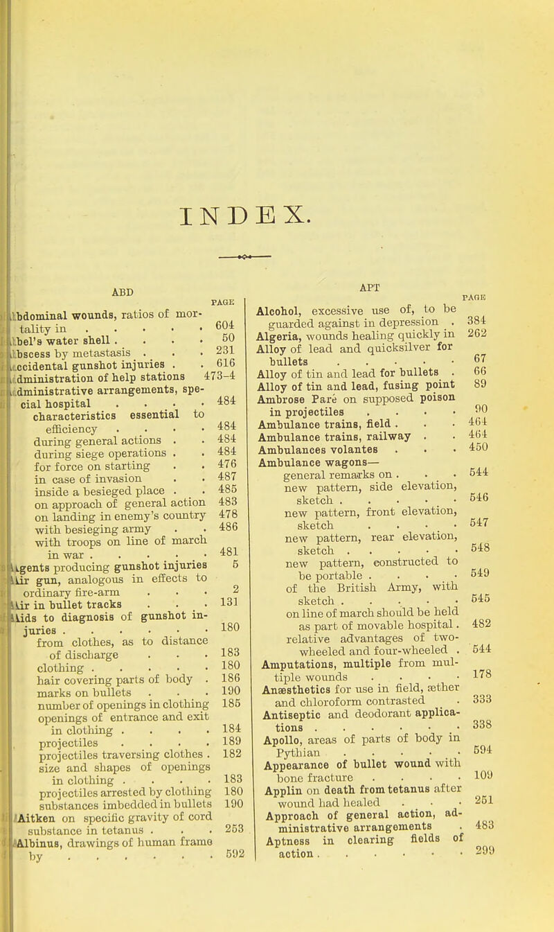 ABD APT bdominal wounds, ratios of mor- tality in . heVa water shell .... bscess by metastasis . ccidental gunshot injuries . dministration of help stations dministrative arrangements, spe- cial hospital . . . ■ characteristics essential to eflficiency during general actions during siege operations for force on starting in case of invasion inside a besieged place on approach of general action on landing in enemy's country with besieging army with troops on line of march in war . . . ; _ • igents producing gunshot injuries i.ir gun, analogous in efEects to ordinary fire-arm >.ir in bullet tracks . . . Aids to diagnosis of gunshot in- juries from clothes, as to distance of discharge clothing hair covering parts of body . marks on bullets number of openings in clothing openings of entrance and exit in clothing .... projectiles .... projectiles traversing clothes . size and shapes of openings in clothing . . . . projectiles arrested by clothing substances imbedded in bullets Aitken on specific gravity of cord substance in tetanus . A.lbinus, drawings of human frame by PAGE 604 50 231 616 473-4 , 484 484 484 484 476 487 485 483 478 486 481 5 2 131 180 183 180 186 190 185 184 189 182 183 180 190 253 592 PAOE Alcohol, excessive use of, to be guarded against in depression _ . 384 Algeria, wounds healing quickly in 262 Alloy of lead and quicksilver for bullets 67 Alloy of tin and lead for bullets . 66 Alloy of tin and lead, fusing point 89 Ambrose Pare on supposed poison in projectiles . . . ■ ^^0 Ambulance trains, field . . . 464 Ambulance trains, railway . . 464 Ambulances volantes . . • 450 Ambulance wagons— general remasrks on . . • 544 new pattern, side elevation, sketch . . . . . 546 new pattern, front elevation, sketch . . . . 547 new pattern, rear elevation, sketch 548 new pattern, constructed to be portable . . . • 549 of the British Army, with sketch . . . .545 on line of march should be held as part of movable hospital. 482 relative advantages of two- wheeled and four-wheeled . 544 Amputations, multiple from mul- tiple wounds . . . • 178 Anaesthetics for use in field, ^ther and chloroform contrasted _ . 333 Antiseptic and deodorant applica- tions 338 Apollo, areas of parts of body in Pythian 594 Appearance of bullet wound with bono fracture . . . • 109 Applin on death from tetanus after wound had liealed . • • 251 Approach of general action, ad- ministrative arrangements . 483 Aptness in clearing fields of action 299