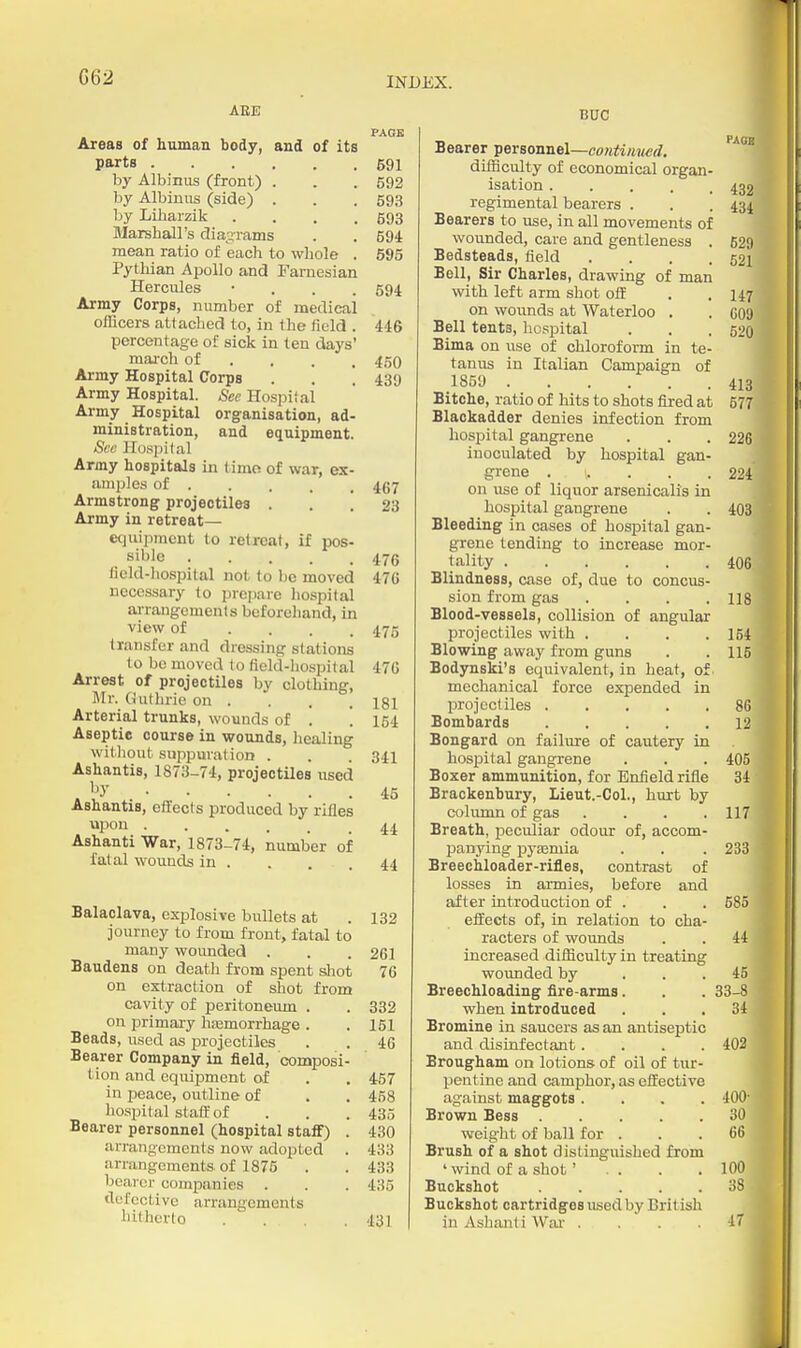 G62 ABE PACK Areas of human body, and of its parts 691 by Albinus (front) . . . 592 by Albiuus (side) . . . 593 by LiJiarzik . . . .593 Marshall's c!ia;irams . , 694 mean ratio of each to whole . 595 Pythian Apollo and Faruesian Hercules • . . . 594 Army Corps, number of medical officers attached to, in the field . 446 percentage of sick in ten days' maa-ch of ... . 450 Army Hospital Corps . . . 439 Army Hospital. See Hospital Army Hospital organisation, ad- ministration, and equipment. See Hospital Amy hospitals in time of war, ex- amples of 457 Armstrong projectiles ... 23 Army in retreat— ec]uipmcnt to retreat, if pos- sible 476 tield-hospital not to be moved 476 necessary to prejjarc hospital ai-rangements beforehand, in view of .... 475 transfer and dressing stations to be moved to field-liospilal 47G Arrest of projectiles by clothing, Mr. (iuthrie on . . . . jgx Arterial trunks, wounds of , ! 154 Aseptic course in wounds, healing without suppuration . . . 341 Ashantis, 1873-74, projectiles used . 45 Ashantis, effects produced by rifles upon 4.^ Ashanti War, 1873-74, number of fatal wounds in . . . .44 Balaclava, explosive bullets at . 132 journey to from front, fatal to many womided . . . 261 Baudens on death from spent shot 76 on extraction of shot from cavity of peritoneum . . 332 on primary hremorrhage . .151 Beads, used as projectiles . . 46 Bearer Company in field, composi- tion and equipment of . , 457 in peace, outline of . . 458 hospital staflt of . . . 435 Bearer personnel (hospital staff) . 430 arrangements now adopted . 433 arrangements of 1875 . . 433 bearer companies . . . 435 defective arrangements hitherto . . . .431 BUG Bearer personnel—co7ij;i/«/^rf, ditBculty of economical organ- isation regimental bearers . . .434 Bearers to use, in all movements of wounded, care and gentleness . 629 Bedsteads, field . . . .521 Bell, Sir Charles, drawing of man with left arm shot off . . 147 on wounds at Waterloo . . 609 Bell tents, hospital . . , 520 Bima on use of chloroform in te- tanus in Italian Campaign of 1859 413 Bitche, ratio of hits to shots fired at 577 Blackadder denies infection from hospital gangi-ene . . .226 inoculated by hospital gan- grene ..... 224 on use of liquor arsenicali's in hospital gangrene . . 403 Bleeding in cases of hospital gan- grene tending to increase mor- tality 406 Blindness, case of, due to concus- sion from gas . . . .118 Blood-vessels, collision of angular projectiles with .... 154 Blowing away from guns . . 115 Bodynski's equivalent, in heat, of mechanical force expended in projectiles 86 Bombards 12 Bongard on failure of cautery in hospital gangrene . . . 406 Boxer ammunition, for Enfield rifle 34 Brackenbury, Lieut.-Col., hurt by column of gas .... 117 Breath, peculiar odour of, accom- panying pya3mia . . . 233 Breechloader-rifles, contrast of losses in armies, before and after introduction of . . . 585 effects of, in relation to cha- racters of wounds . . 44 increased difficulty in treating wounded by ... 45 Breechloading fire-arms. . . 33-8 when introduced ... 34 Bromine in saucers as an antiseptic and disinfectant .... 402 Brougham on lotions of oil of tur- pentine and camphor, as effective against maggots .... 400- Brown Bess 30 weight of ball for ... 66 Brush of a shot distinguished from 'wind of a shot' . . . .100 Buckshot 38 Buckshot cartridges used by British in Ashanti Wai- . . . .47