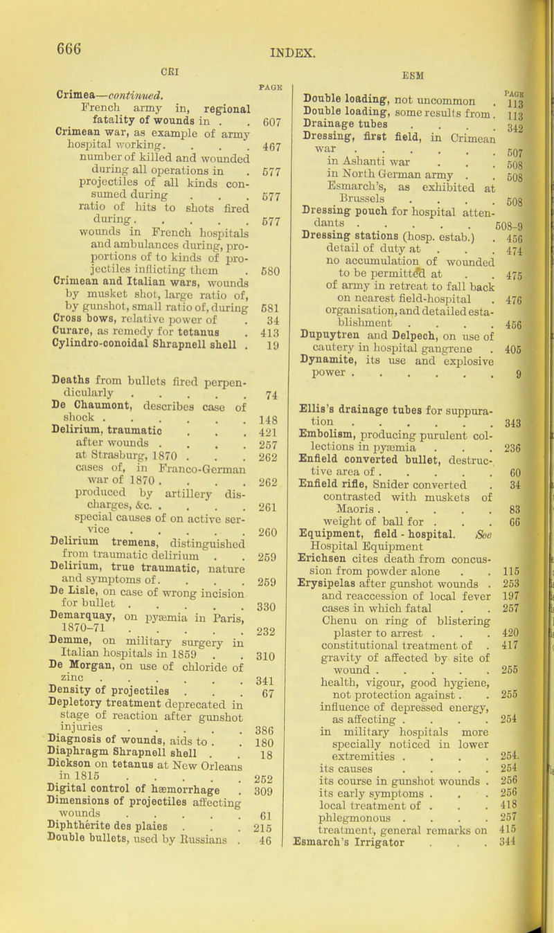 CEI Crimea—continued, French army in, regional fatality of wounds in . Crimean war, as examiale of army hospital working. number of killed and wounded during all ojjerations in projectiles of all kinds con- sumed during ratio of hits to shots fired during wounds in French hospitals and ambulances dm-ing, pro- portions of to kinds of pro- jectiles inflicting them Crimean and Italian wars, wounds by musket shot, largo ratio of, by gunshot, small ratio of, during Cross bows, relative power of Curare, as remedy for tetanus Cylindro-conoidal Shrapnell shell . Deaths from bullets fired perpen- dicularly De Chaumont, describes case of sliock ...... Delirium, traumatic after womids .... at Straaburg, 1870 . cases of, in Franco-Gennan war of 1870 .... produced by artillery dis- charges, &c special causes of on active ser- vice Delirium tremens, distinguished f roni traumatic delirium ^ . Delirium, true traumatic, nature and symptoms of. De lisle, on case of wrong incision for bullet ..... Demarquay, on pyemia in Paris'. 1870-71 ..... Demme, on military surgery in Italian hospitals in 1859 . De Morgan, on use of chloride of zinc Density of projectiles . Depletory treatment deprecated in stage of reaction after gunshot injuries ..... Diagnosis of wounds, aids to . '. Diaphragm Shrapnell shell . Dickson on tetanus at New Orleans in 1815 Digital control of hsemorrhage Dimensions of projectiles afliecting wounds ..... Diphtherite des plaies . Double bullets, used by Russians . C07 4G7 577 677 677 680 681 34 41.^ 19 74 148 421 257 262 262 261 260 259 259 330 232 310 341 67 386 180 18 252 309 61 215 46 ESM Double loading, not uncommon Double loading, some results from Drainage tubes Dressing, first field, in Crimean war in Ashanti wai- in North German army . Esmarch's, as exhibited at Brussels . . . _ Dressing pouch for hospital atten dants Dressing stations (hosp. estab.) detail of duty at no accumulation of wounded to be iiermitt^d at of army in retreat to fall back on nearest field-hospital organisation, and detailed esta blisbmeut . . . . Dupuytren and Delpech, on use of cautery in hospital gangrene Dynamite, its use and explosive power 113 113 342 507 508 508 508 508-9 45G 474 475 476 466 405 Ellis's drainage tubes for suppura- tion Embolism, producing purulent col- lections in pyicmia Enfield converted bullet, destruc- tive area of Enfield rifle. Snider converted contrasted with muskets of Maoris weight of ball for . Equipment, field - hospital. Soe Hospital Equipment Erichsen cites death from concus- sion from powder alone Erysipelas after gunshot wounds . and reaccession of local fever cases in which fatal Chenu on ring of blistering plaster to aiTest . constitutional treatment of . gravity of affected by site of wound health, vigour, good hygiene, not jDrotection against. influence of depressed energy, as affecting .... in military hospitals more specially noticed in lower extremities .... its causes .... its course in gunshot wounds . its early symptoms . local treatment of . phlegmonous .... treatment, general remarks on Esmarch's Irrigator 343 236 60 34 83 66 115 253 197 257 420 417 255 255 254 254. 254 256 256 418 257 415 344