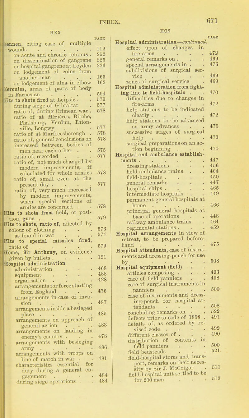 HEN ||ieiiiieii, citing case of multiple I -wounds f on acute and chronic tetanus . I on dissemination of gangrene Ion hospital gangrene at Lej^den on lodgement of coins from ^ another man on lodgement of ulna in elbow itercules, areas of parts of body ; iu Farnesian .... iits to shots fired at Leipsic . duriag siege of Gibraltar ratio of, during Crimean war . ratio of at Meziferes, Bitche, Phalsburg, Verdun, Thion- ville, Longwy ratio of at Murfreesborough . ratio of, general conclusions on increased between bodies of men near each other . ratio of, recorded . ratio of, not much changed by- modem improvements, if calculated for whole annies ratio of, small even at the present day . . . • ratio of, very much increased by modern improvements, when special sections of armies are concerned . Blits to shots from field, or posi- tion, guns cats to shots, ratio of, aiiected by colour of clothing as found in war HOIits to special missiles fired, . ratio of . . . Home, Sir Anthony, on evidence given by bullets .... Sospital administration administration equipment .... organisation . . • _ • arrangements for force starting from England arrangements in case of inva- sion arrangements inside a besieged place arrangements on approach of general action arrangements on landing in enemy's country . arrangements with besieging army arrangements with troops on line of march in war . characteristics essential for duty during a general en- gagement . . . . during siege operations . INDEX. HOS PAGE 112 252 225 226 163 162 694 579 577 578 577 578 578 576 577 578 577 578 679 576 574 579 191 468 488 428 476 487 485 483 478 486 481 484 484 Hospital administration—oontinued. effect upon of changes in fire-arms .... general remarks on . special arrangements in . subdivisions of surgical ser- vice zones of surgical service Hospital administration from fight- ing line to field-hospitals . difficulties due to changes in fire-arms .... help stations to be indicated clearly help stations to be advanced as army advances successive stages of surgical help surgical preparations on an ac- tion beginning . Hospital and ambulance establish- ments dressing stations field ambulance trains . field-hospitals .... general remarks hospital ships .... intermediate hospitals permanent general hospitals at home principal general hospitals at base of operations railway ambulance trains regimental stations . Hospital arrangements in view of retreat, to be prepared before- hand Hospital attendants, case of instru ments and dressing-pouch for use by Hospital equipment (field) articles composing . care of field paimiers care of surgical instruments in paimiers case of instruments and dress ing-pouch for hospital at tendants concluding remarks on . defects prior to code of 1858 details of, as ordered by re vised code . different classes of . distribution of contents ii field panniers field bedsteads field-hospital stores and trans port, remarks on their neces sity by Hir J. McGrigor field-hospital unit settled to be for 200 men 671 PAGE 472 469 476 469 469 470 472 472 475 473 470 447 456 464 450 447 465 449 466 448 464 459 476 508 493 498 500 508 522 491 492 490 500 521 511 513