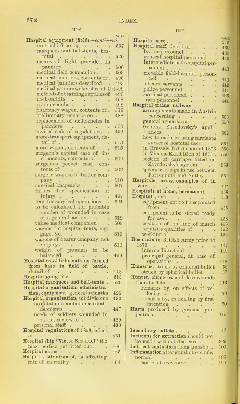 nos PAGE Hospital equipment (field)—eontimted. first field dressing . . . 507 marquees and bell-tents, hos- pital 620 means of light provided in pannier .... 500 medical field companion . . 603 medical panniers, contents of. 496 medical panniers described . 403 medical panniers, sketches of 494-99 method of obtaining supplies of 490 pack-saddle .... 498 pannier mule .... 498 pharmacy wagon, contents of . 516 preliminary remarks on . . 488 replacement of deficiencies in pamiiers .... 500 revised code of regulations . 492 store-transport equipment, de- tail of 513 store wagon, contents of . 615 surgeon's capital case of in- struments, contents of . 502 surgeon's pocket case, con- tents of . . . .502 surgery wagons of bearer com- pany 610 surgical knapsacks . . . 507 tallies for specification of injury 497 tent for surgical operations . 521 to be calculated for probable number of wounded in case of a general action . . 512 valise medical companion . 606 wagons for hospital tents, bag- gage, &c 519 wagons of bearer company, not surgery 610 weight of panniers to be balanced .... 499 Hospital establishments as formed from base to field of battle, detail of 448 Hospital gangrene . . .215 Hospital marquees and bell-tents . 520 Hospital organisation, administra- tion, equipment, general remarks 425 Hospital organisation, subdivisions 430 hospital and ambulance estab- lishments .... 447 needs of soldiers wounded in battle, review of . . . 429 personal staff .... 430 Hospital regulations of 1858, effect of 451 Hospital ship ' Victor £manuel,' tlie most perfect j'et fitted out . . 466 Hospital ships .... 466 Hospital, situation of, as afFccLing rate of morlalily . . . 604 INF Hospital sore '^l Hospital staff, detail of. . '. 4:io bearer personnel . . . 430 1 general hospital personnel . 443 I intermediate field-hospital per- I sonnel 443 I movable field-hospital person- nel 440 officers' servants . . . 442 police personnel . . . 441 surgical personnel . . . 435 train personnel . . . 444 Hospital trains, railway arrangements made in Austria concerning . . . .553 general remarks on . . . 550 General Zavodovsky's appli- ^ ances 552 ' how to make existing carriages ; subserve hospital uses . . 551 i in Brussels Exhibition of 1876 550 in Vienna Exliibition of 1873 . 550 section of carriage fitted on Zavodovsky's system . 553 special carriage in use between Portsmouth and Netley . 551 Hospitals, army, examples of in war 4(57 Hospitals at home, permanent . 46G Hospitals, field .... 450 equipment not to be separated from 455 equipment to be stored ready for use . . . • . 458 position of on line of march 4.')3 requisite qualities of , . 452 working of ... . 453 Hospitals in British Army prior to 1873 447 intermediate field . . . 449 principal general, at base of operations .... 448 Humerus, struck by conoidal bullet 56 struck by spherical bullet . 57 Hunter, citing case of less wounds than bullets . . . .113 remarks by, on effects of ve- locity 70 remarks by, on healing by first intention . . . -70 Hurts produced by gaseous pro- jectiles 115 Incendiary bullets .... 47 Incisions for extraction should not be made without due care . . H2i> Indirect contusions from gunshot. 100 Inflammation af tcrgiuishot wounds, normal 196 causes of excessive . . . IIH!